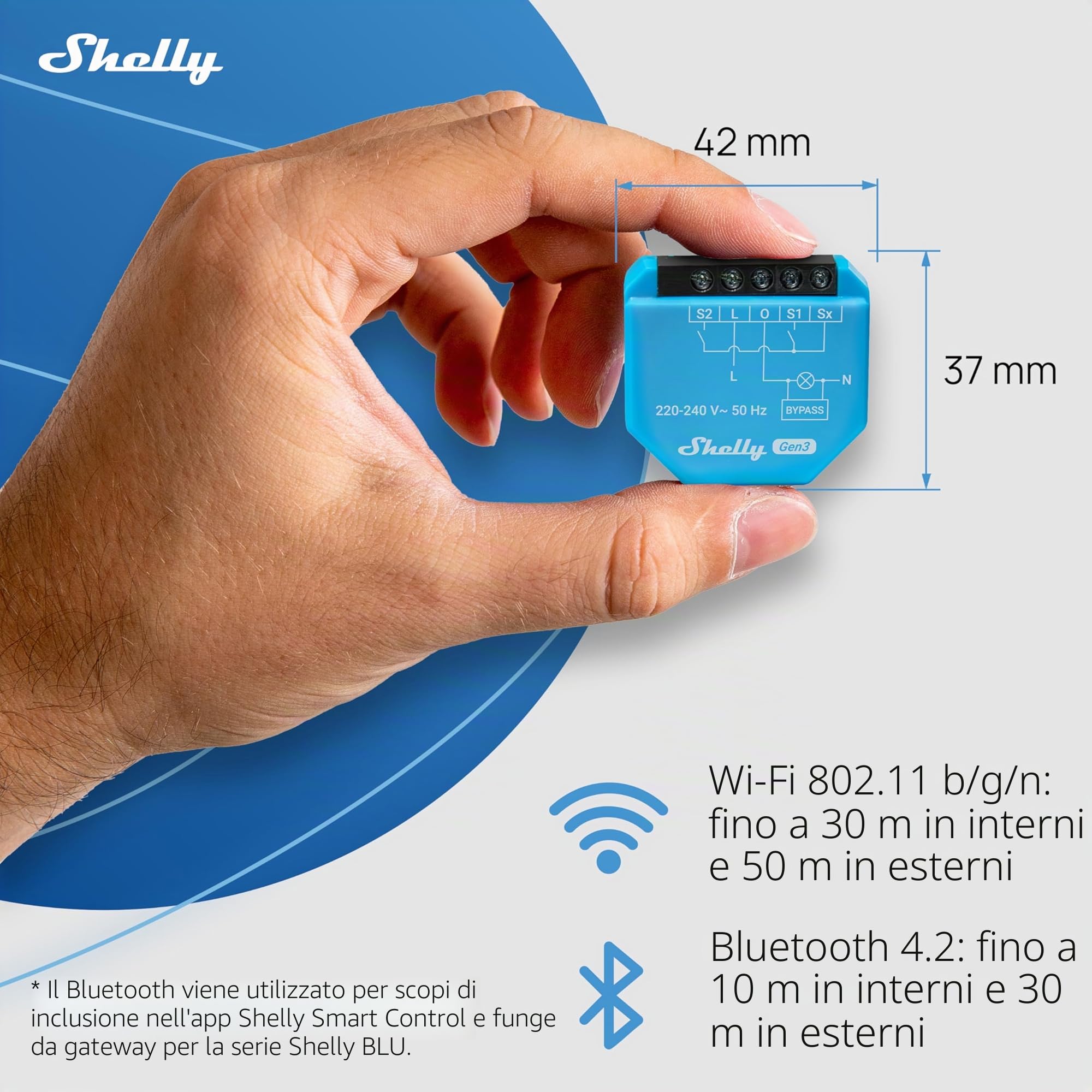 Shelly 1L Gen3 con Bypass - Interruttore Relè Intelligente Wi-Fi & Matter, 1 Canale, 200W Max, Nessun Filo Neutro Richiesto, Controlla Carichi Superiori a 5 W, Alexa & Google, Nessun Hub Richiesto