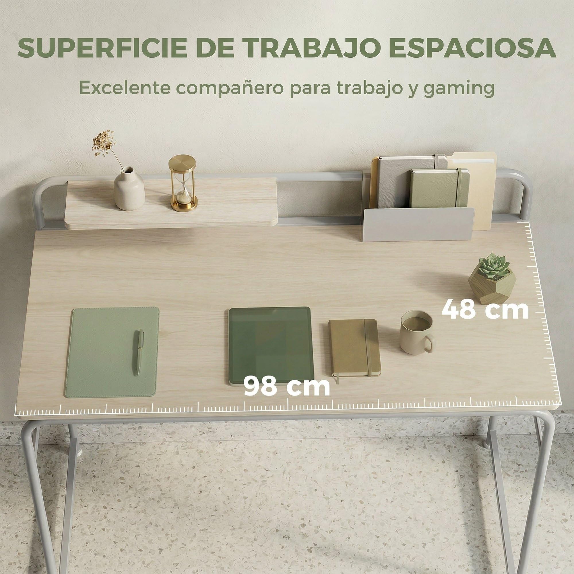 HOMCOM Escritorio con Estante y Estructura de Metal 98x48x88,5 cm Roble | Mesa de Escritorio Moderno, Fácil Montaje, para Oficina en Casa, Dormitorio, Espacios Pequeños