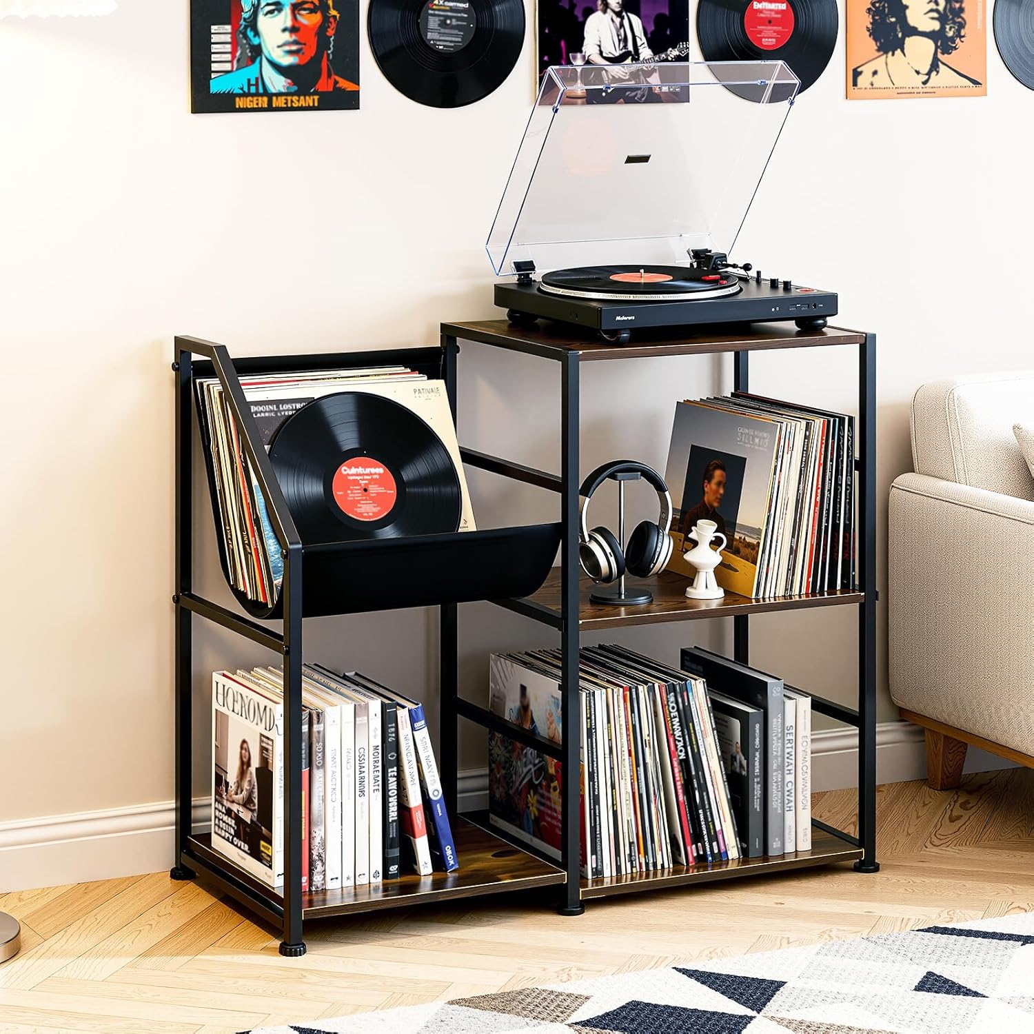 Uieke Record Player Stand with Vinyl Storage, 3-Tier Large Capacity Vinyl Record Storage Cabinet for 300+ Albums, Media Table with Vinyl Display Shelf & Turntable Stand for Living Room