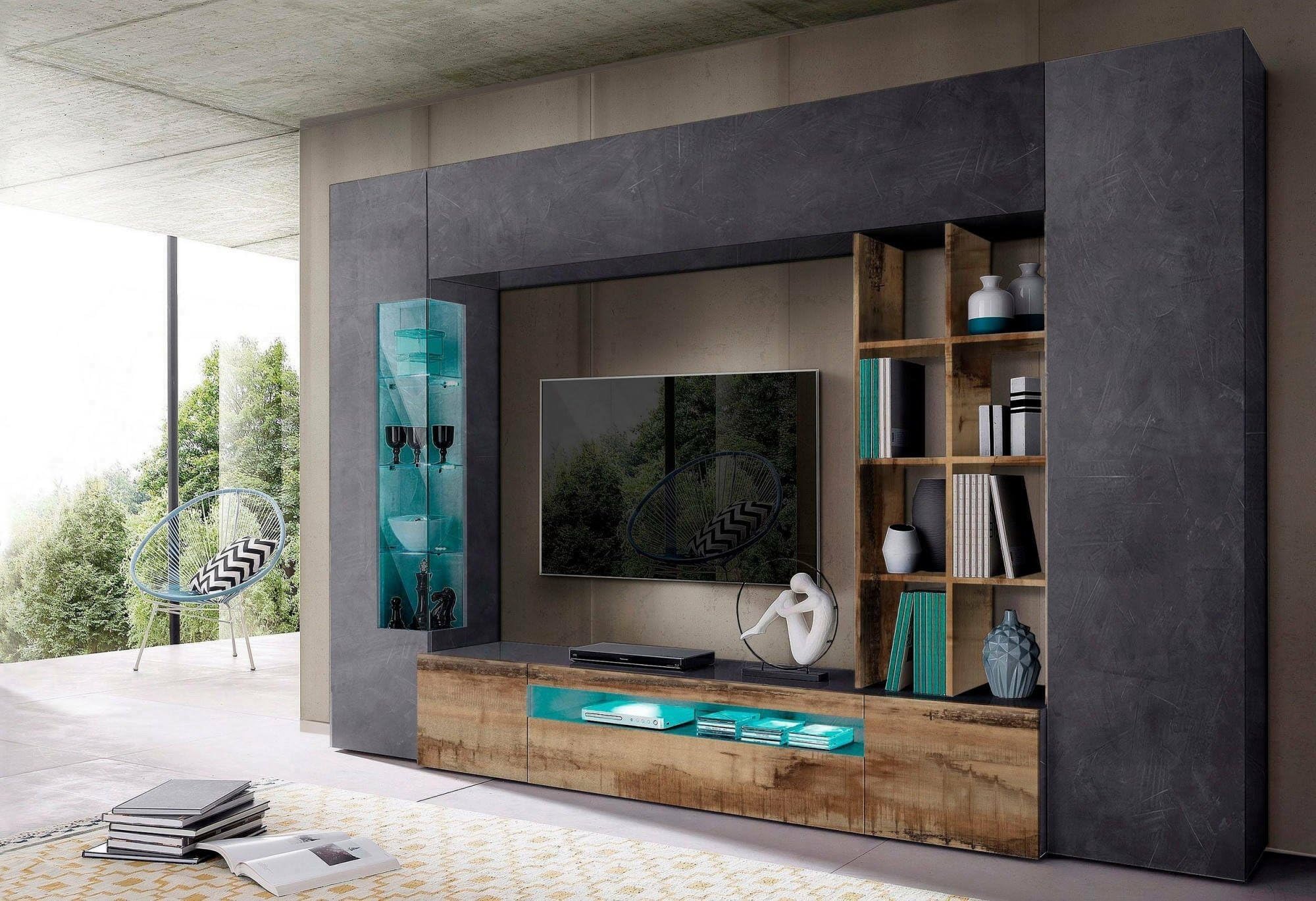 Dmora Parete Attrezzata Ocean 40x290x192h cm Grigio Ardesia 20 Ripiani 6 Ante, Apertura Battente e a Ribalta Made in Italy
