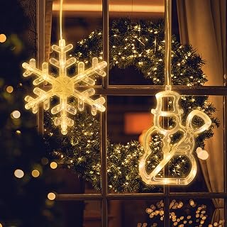 Jsdoin LED Christmas Window Light Snowflake and Snowman, Twinkle Christmas Curtain Light Timer, Hanging Lights for Party Shop Window Xmas Decoration, Outdoor Indoor, Battery Powered(Warm Light)