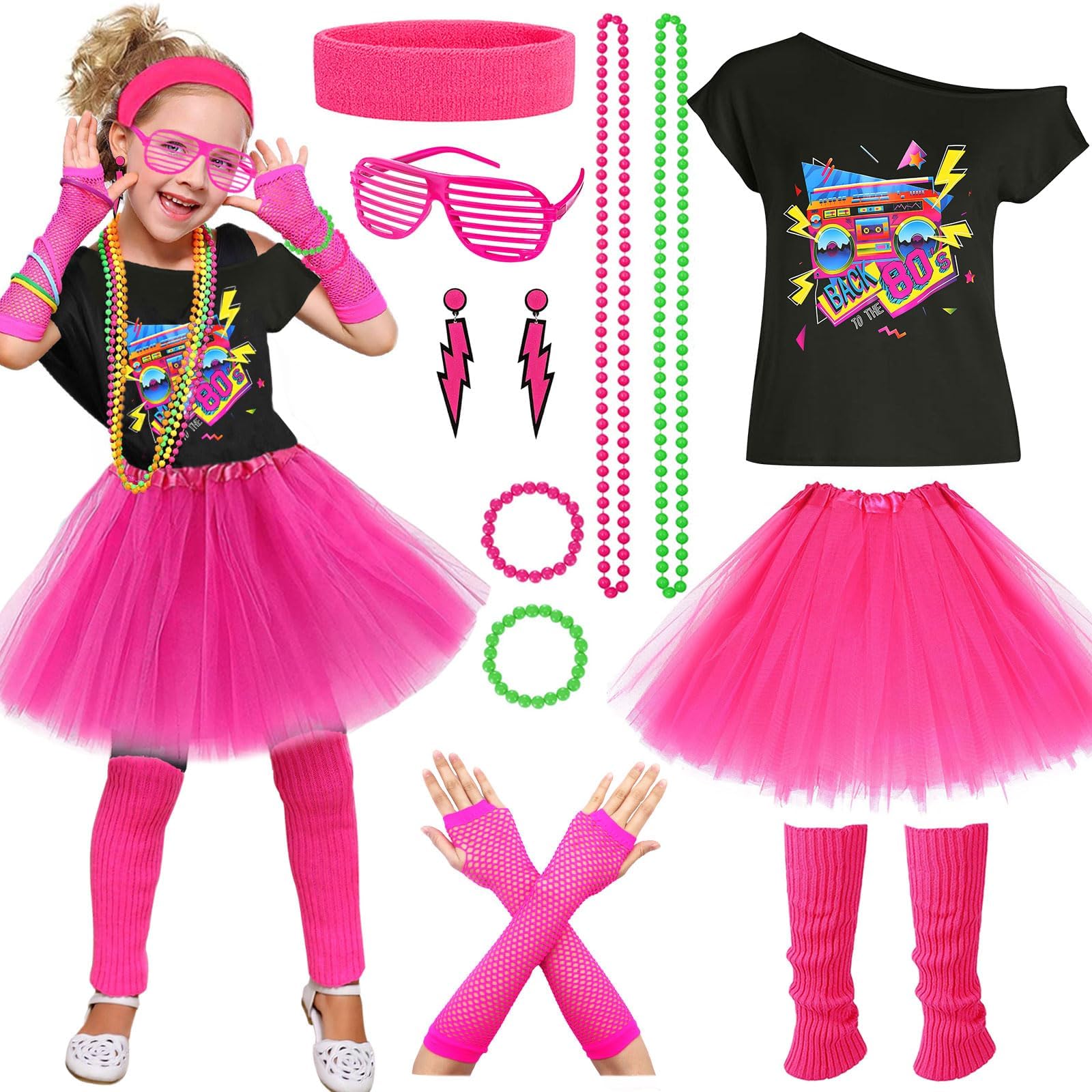 80s Costume Accessories Set for Girls, Fancy Dress Neon Party Outfit with T-shirt Tutu Skirt Fishnet Gloves Leg Warmers Earrings Bracelets Necklaces Glasses Headband for Retro Party Cosplay-L