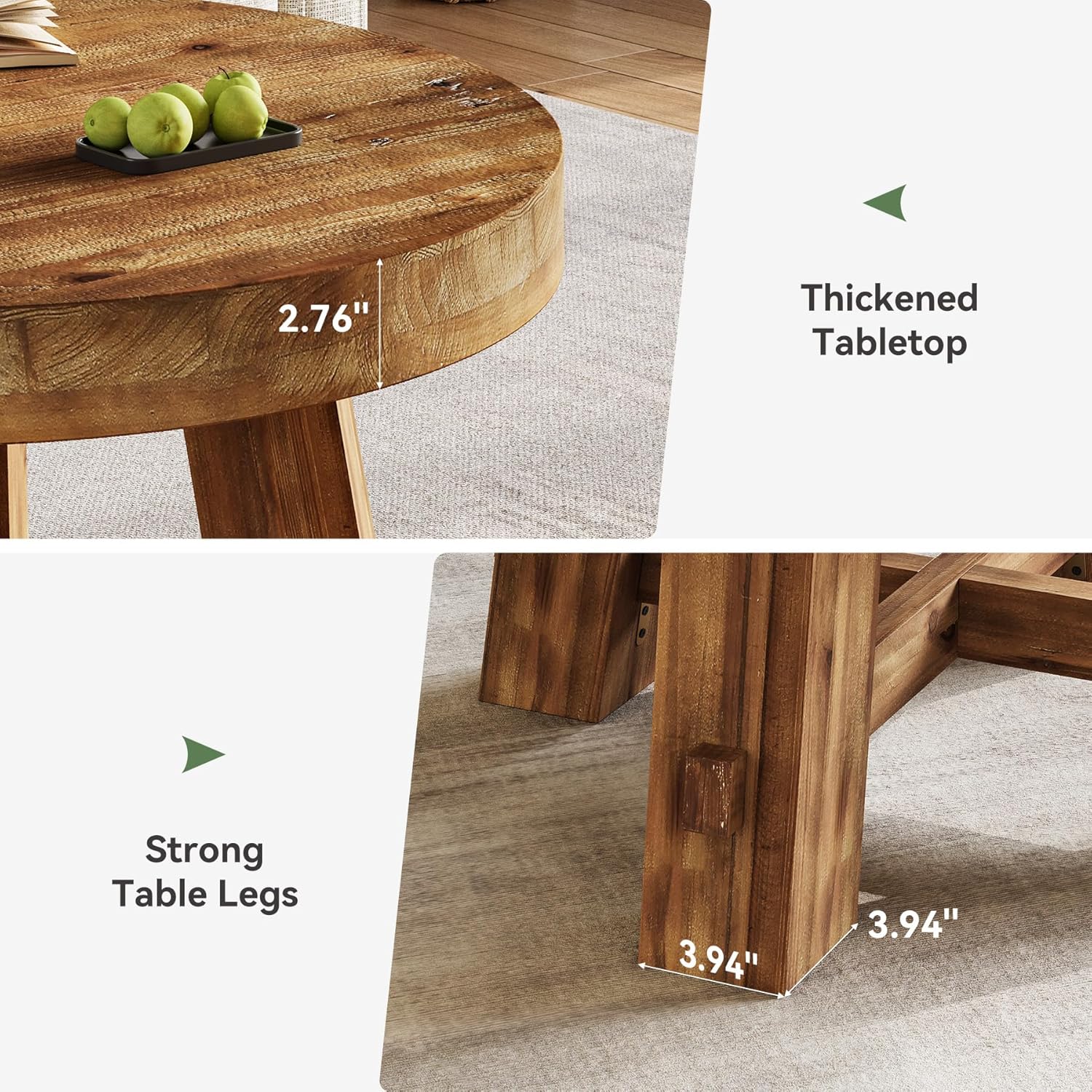 31.5-Inch Round Coffee Table, Solid Wood Center Table with Thickened Tabletop for Living Room, Apartment, Small Space (Rustic Brown)