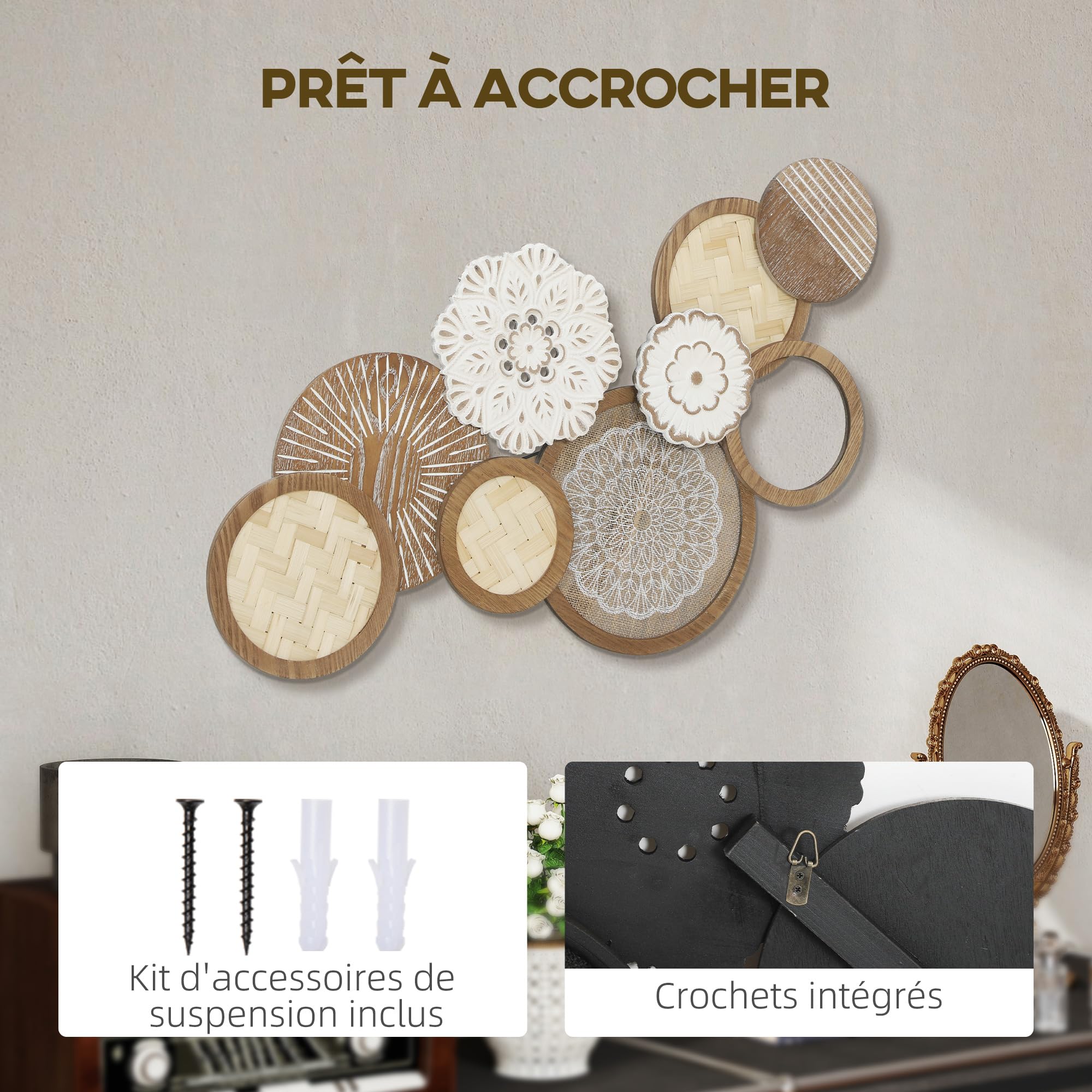 HOMCOM Décoration Murale en Bois Moderne, 83,8 x 44,5 cm, Bois Naturel | Sculpture Murale Géométrique, Design Unique à Plusieurs Disques, Décor Suspendu, Salon, Chambre à Coucher, Bureau