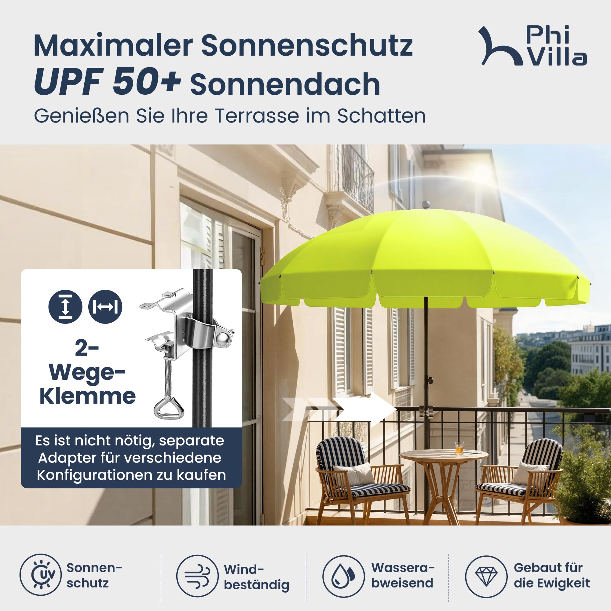 PHI VILLA Ø175-220 cm, ombrellone regolabile in altezza con custodia e morsetto, ombrellone da spiaggia, pieghevole, antivento, stabile da portare con sé, protezione UV50+, per balcone, spiaggia