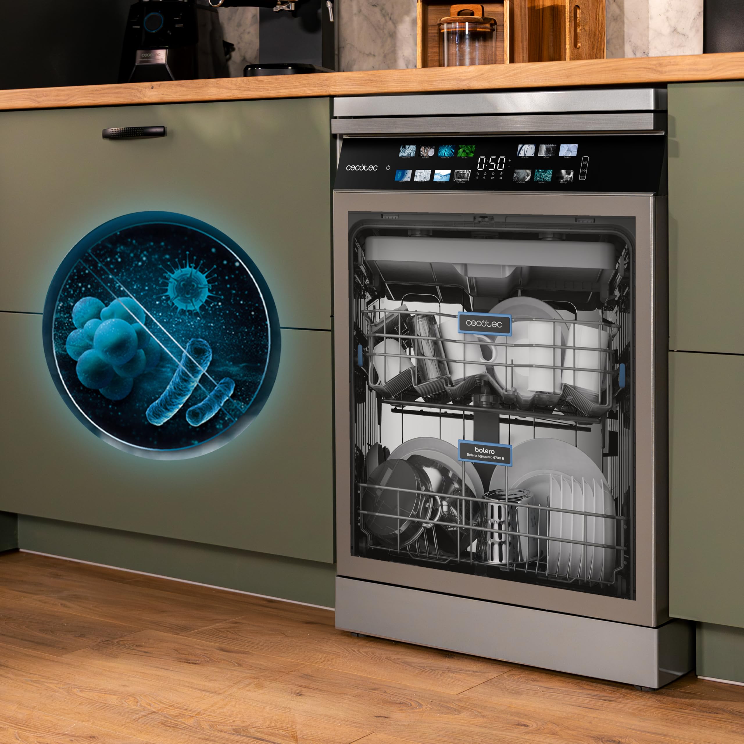 Cecotec Lavastoviglie da incasso Bolero Aguazero 6700 Inox B.60cm, 15 coperti, Classe B, Motore Inverter Plus, Display Color, 14 programmi, O2 Dry, Turbo Dry+, Dual Zone, Vassoio regolabile, AutoClean