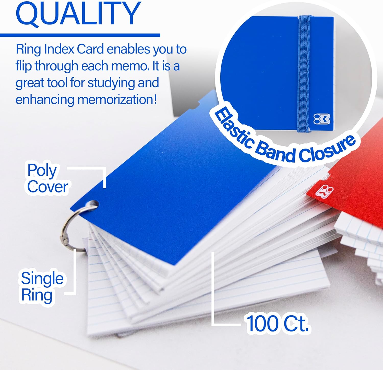 BAZIC Products Index Cards 3x5 Inches, Index Cards with Ring Poly Cover, White Ruled, 100 Count, Flash Cards Notecards for Studying Learning Student School College Office, 24-Pack