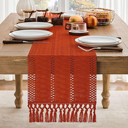 Miniatura 2 de Camino de mesa bohemio estilo macramé, ocre quemado, 90 pulgadas de largo, decoración del hogar tejido de granja, 12 x 90 pulgadas, naranja oscuro