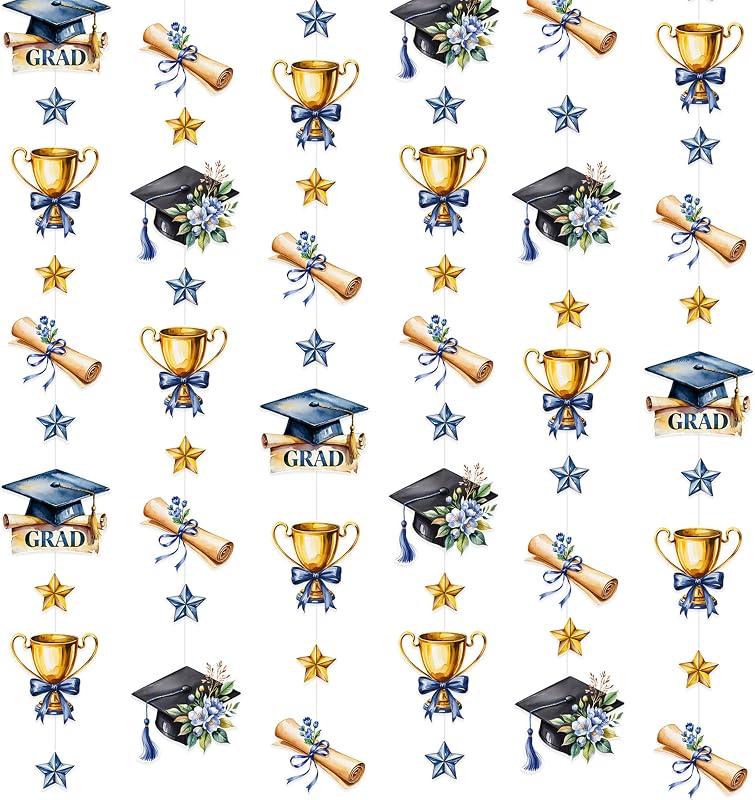 Serpentina colgante para fiesta de graduación de oro azul, guirnalda floral con forma de estrella dorada y azul marino para felicitaciones, graduación, lo hiciste, clase de 2026 Estamos muy orgullosos de ti, suministros de decoración para fiestas de graduación temáticas