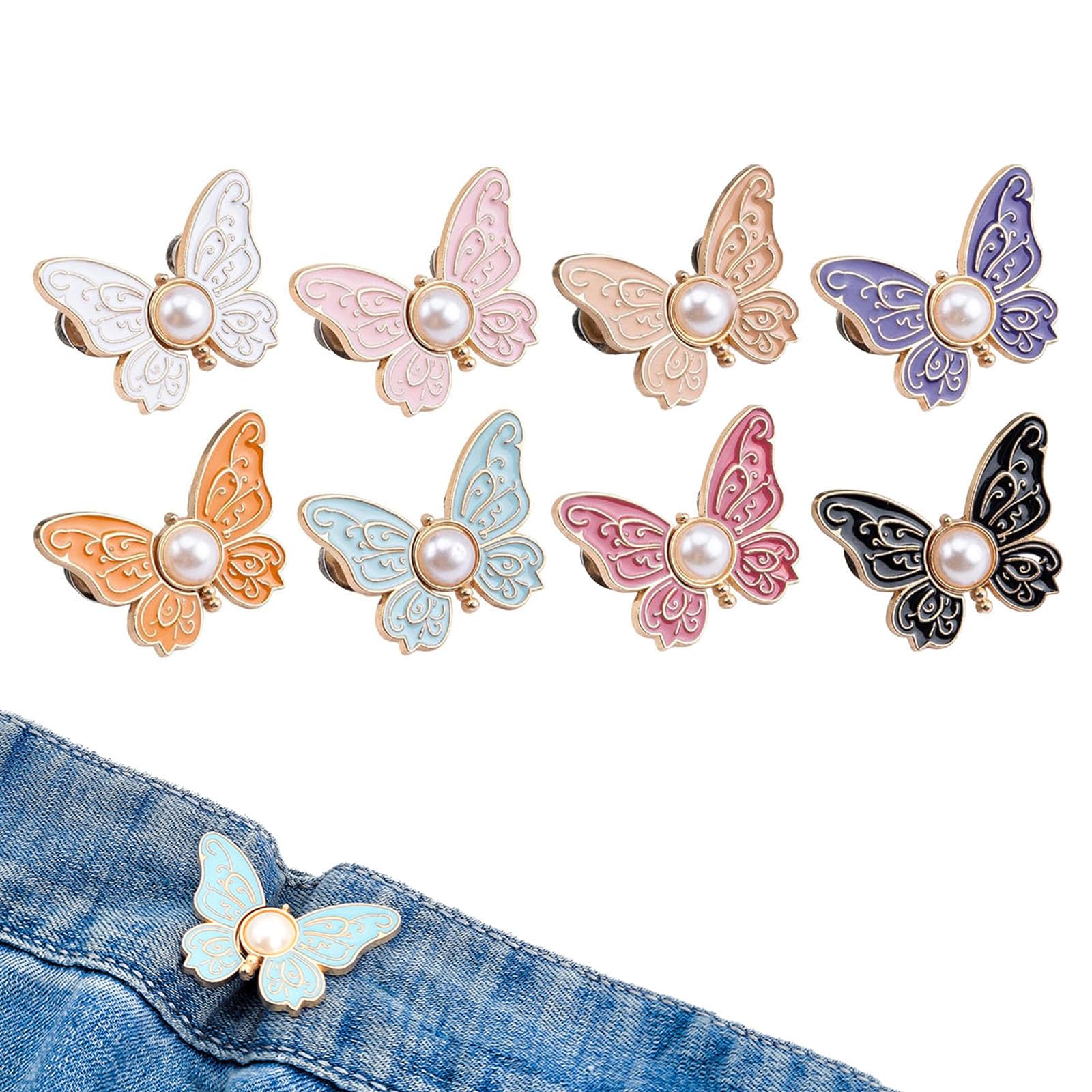 Butterfly Pants Waist Tightener, Detachable Metal Pins for Jeans, Skirts (8 pcs)