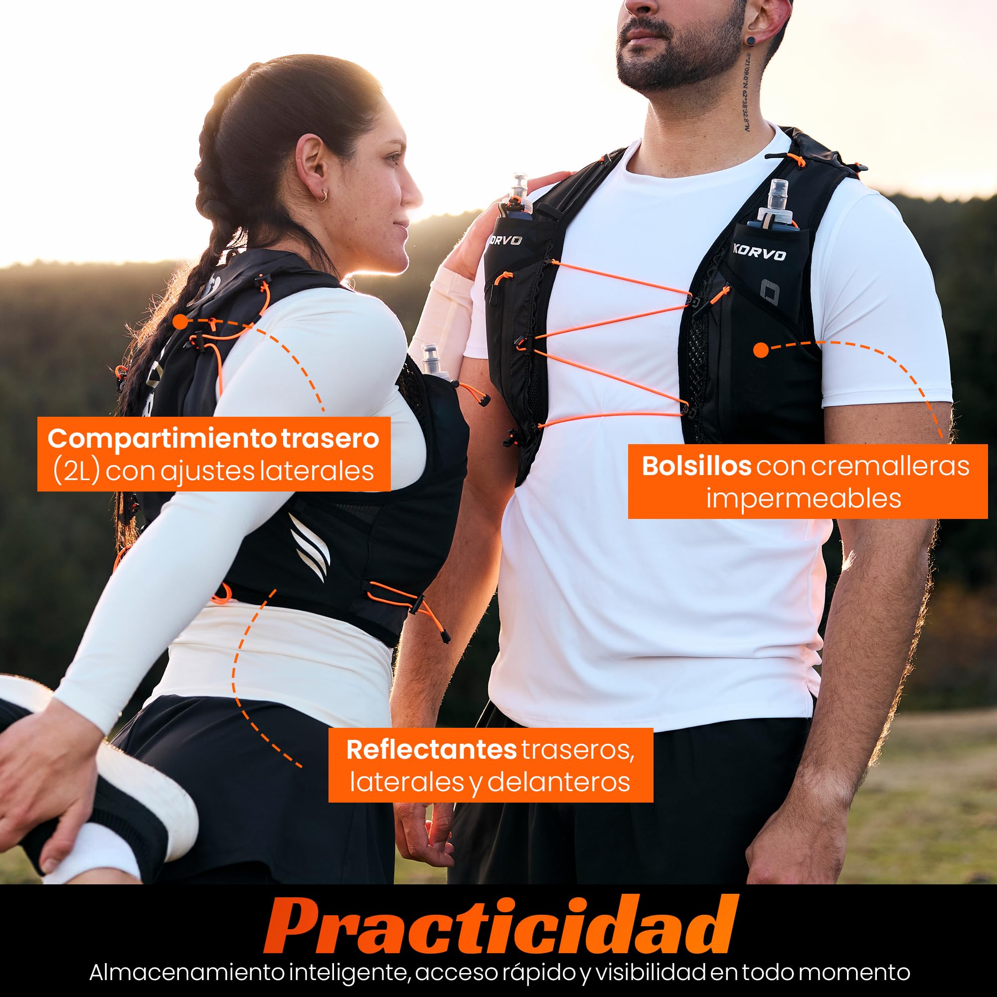 KORVO Chaleco Running Hombre y Mujer + 2 Soft Flask 500ml - Chaleco Hidratacion Trail Running, Mochila Hidratacion Correr, Mochila Trail Running Hombre, Running Vest, Chaleco para Correr