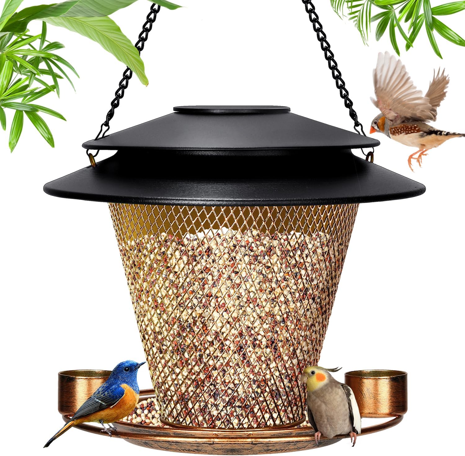 Solar Bird Feeder for Outdoors Hanging, Squirrel Proof Metal Wild Lantern Roof Shaped Bird Feeders Gifts for Bird Lovers Garden Yard Outside Decor