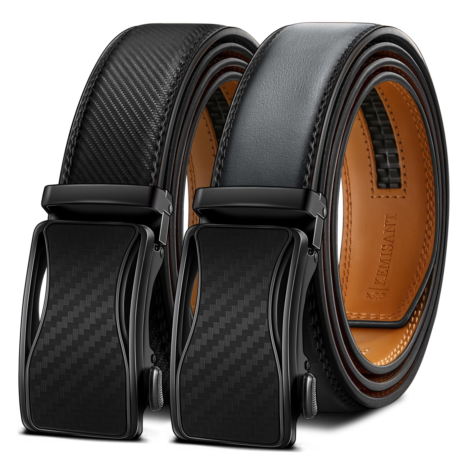 KEMISANT Gürtel Herren 2er, Ledergürtel Gürtel Ratsche Automatikschließe für Herren Verstellbar 35mm Breit mit Geschenkbox