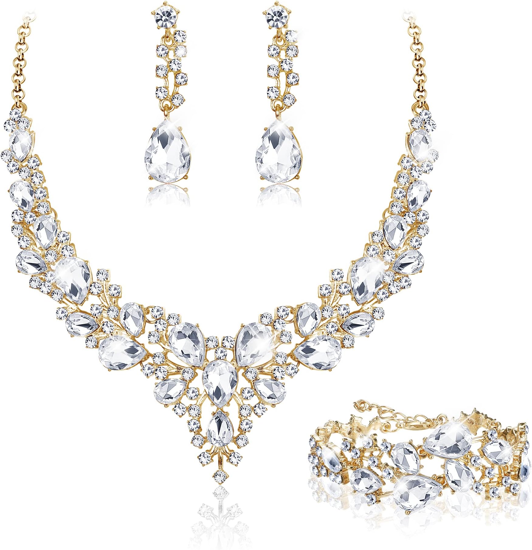JeweBellaBridal Wedding Jewellery Set for Women Crystal Teardrop Cluster Statement Necklace Earrings and Bracelet Set Gifts Wedding Engagement Bridesmaid Costume Dress Prom Jewellery Sets