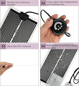 Reptile Heat Pad with 7 Button Temperature Adjustment, Under Tank Terrarium Heat Mat for Reptiles Tortoise Snakes Lizard Gecko Frog Hermit Crab and Other Small Animals, 7W Reptile Heating Pads