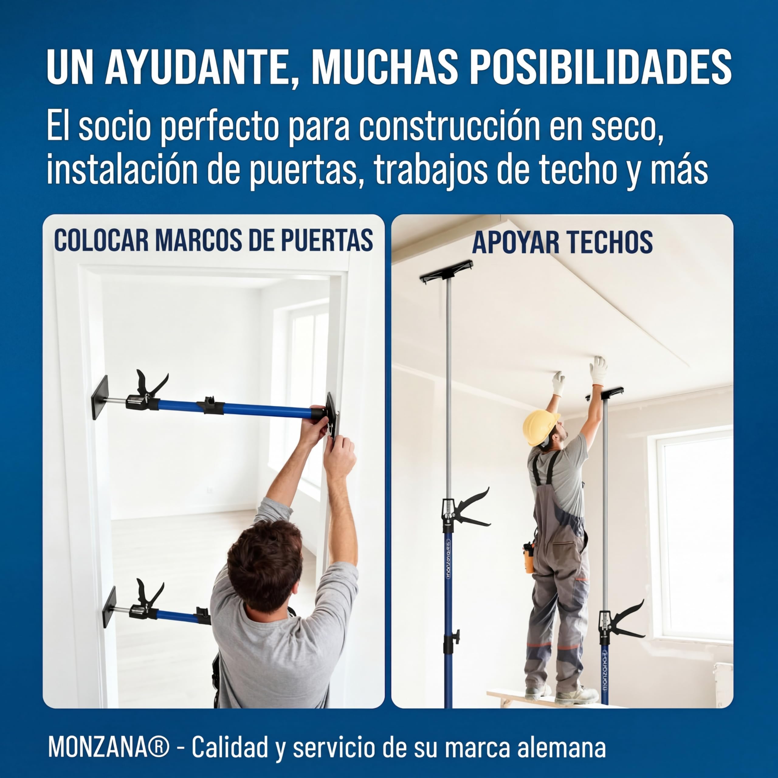 DEUBA® Set 3x Puntales Telescópicos Extensibles Obra Tensores Puerta Ajustables 50-115cm Puntal Tensor Poste Acero Placas Presión Goma Antideslizante Instalación Techo Paneles Pladur Carga 30kg