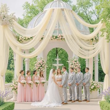 4 Panels Ivory Sheer Fabric for Draping, 30x19FT Wedding Arch Drapes Tulle Curtains Backdrop, Ivory Chiffon Draping Panels for Wedding Ceremony Party Baby Shower Decorations, Photoshoot & Home Wall
