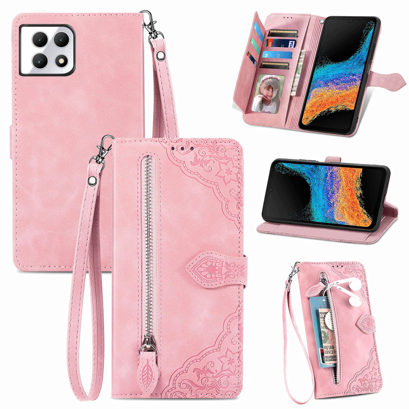DAMONDY for Revvl 7 5G Wallet Case for Women/Men,T-Mobile Revvl 7 5G Case,7 Card Holder Leather Flip Case with Strap Stand Pocket Shockproof Folio Magnetic Zipper Wallet Purse Case -Pink