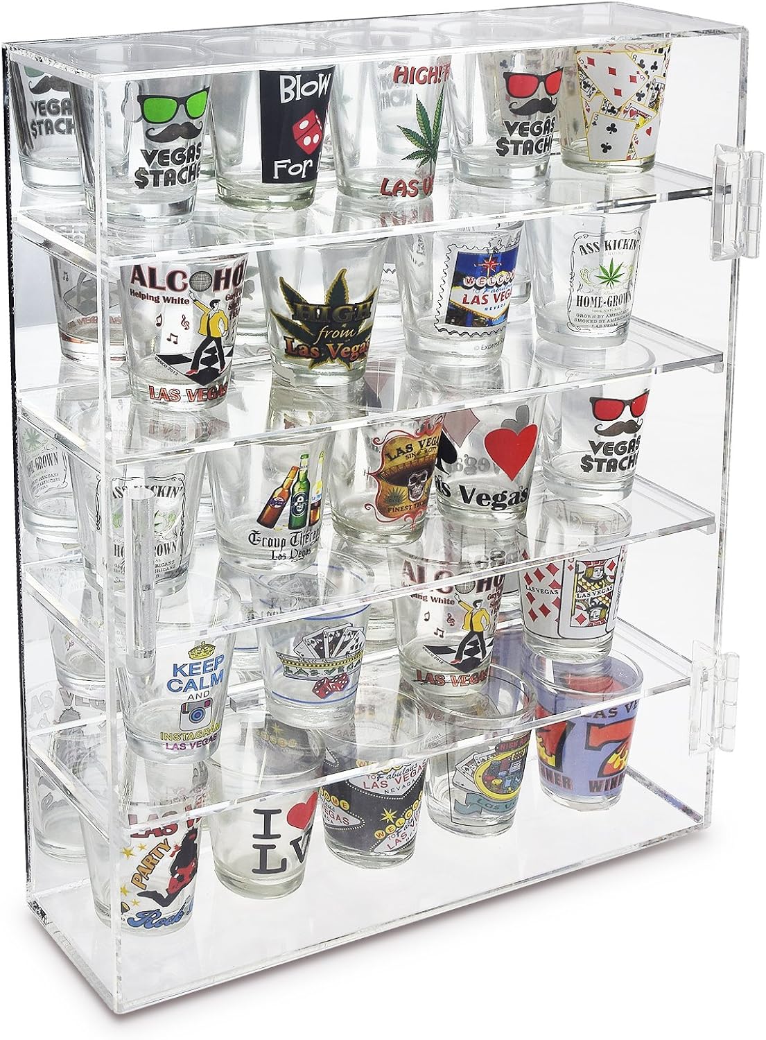Ikee Design Mirror Back Acrylic Wall Mountable Display Case with 4 Shelves for Shot Glasses