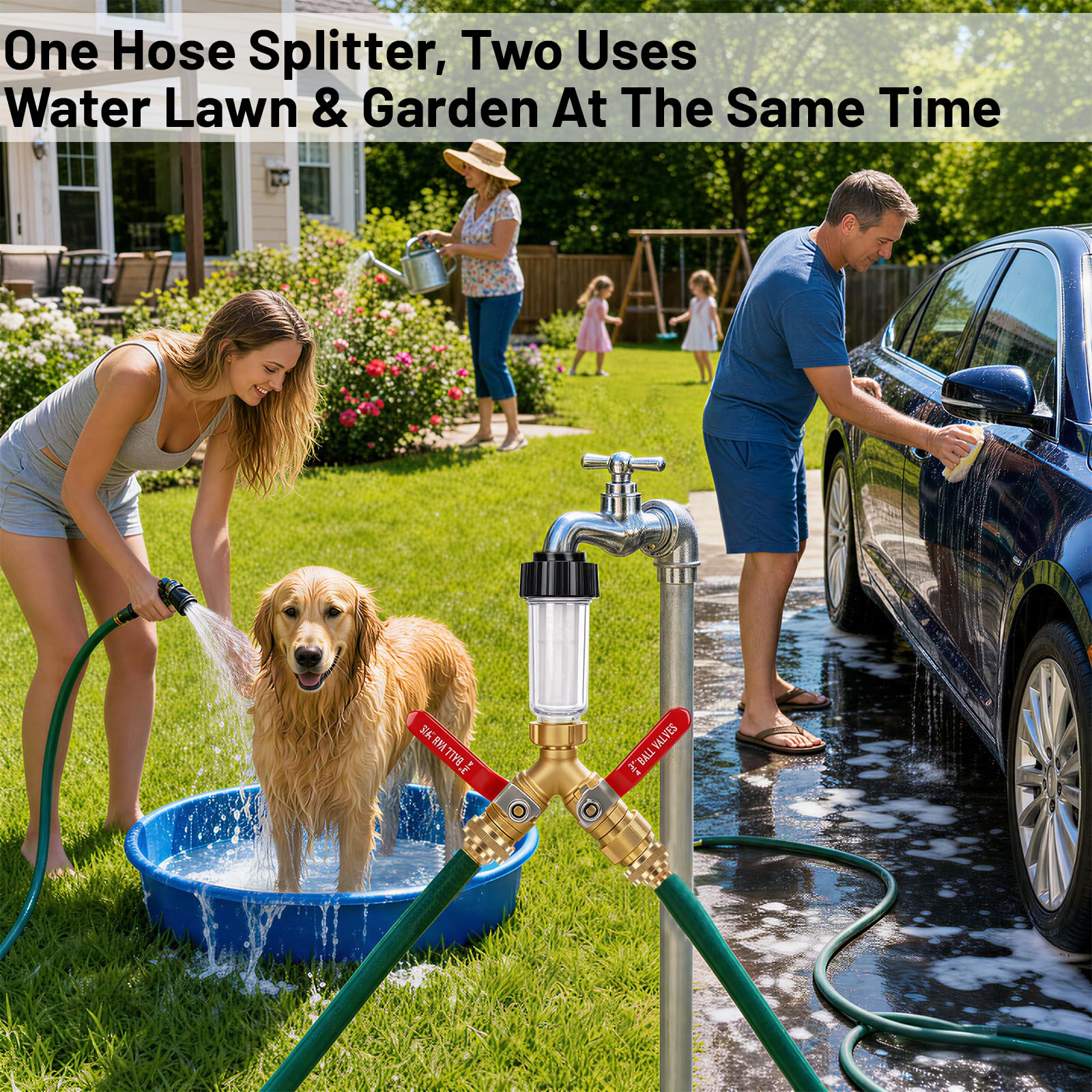 Splitter per tubo da giardino a 2 vie, in ottone resistente, valvola a Y a | con filtro e set di connessione rapida, manico in acciaio inossidabile 304, adattatore per acqua a flusso completo per prato