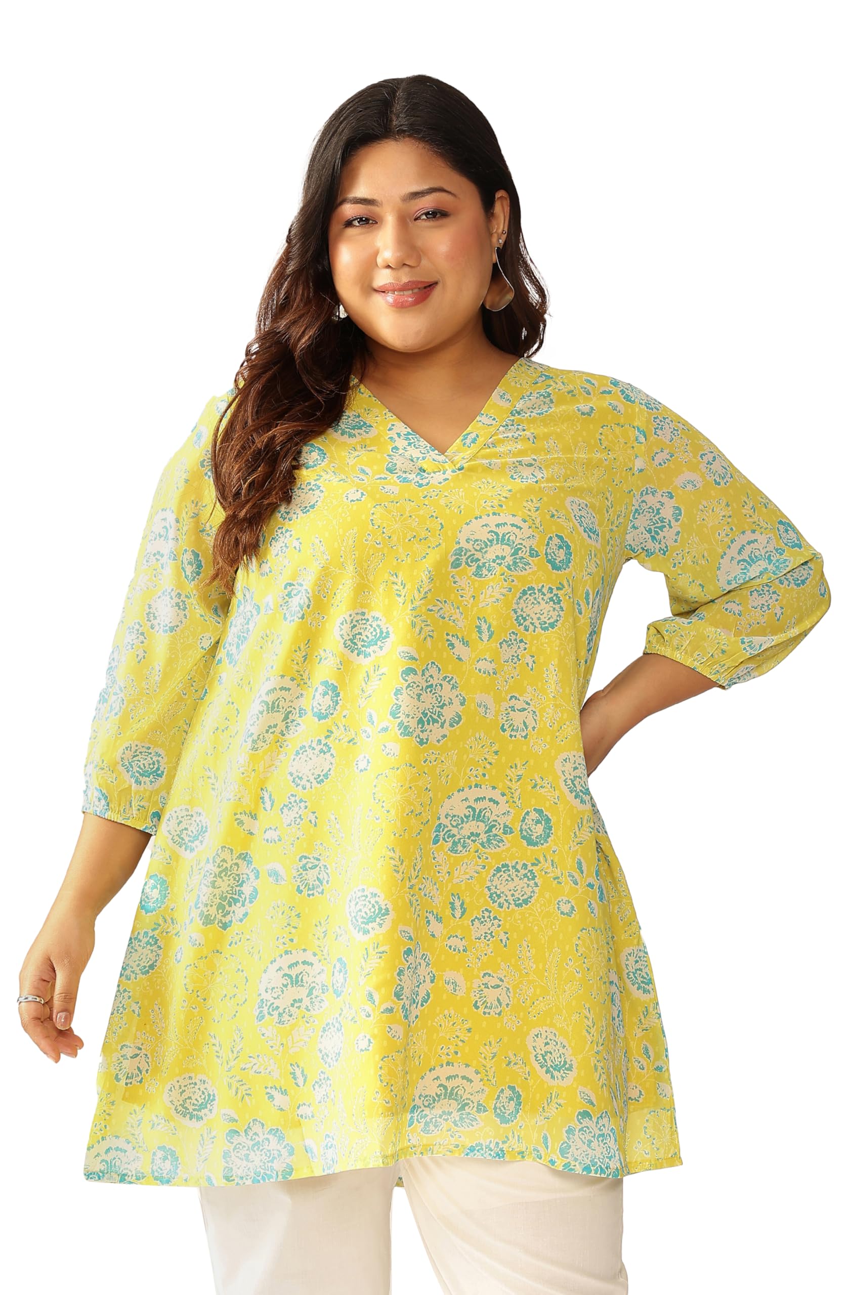 Women's Plus Size Lime Yellow Georgette Floral Printed A-line Tunic