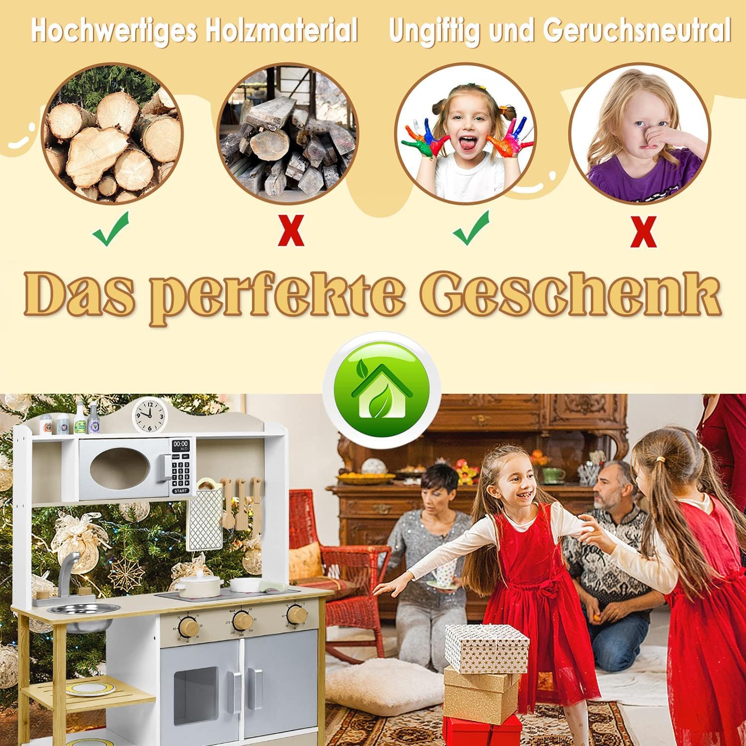 FIVMEN Kinderküche Spielküche Holz mit Herd&Mikrowelle &Wasserhahn&Spüle und Küchen-Zubehör Spielzeugküche Kinder Küche Spielzeug für ab 3 Jahren Kinder, 65x24x85cm