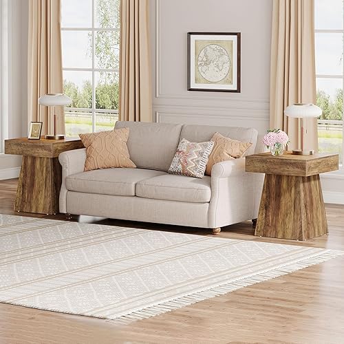 Miniatura 5 de Tribesigns Juego de 2 mesas auxiliares pequeñas, mesa auxiliar cuadrada rústica con base ancha, mesita de noche pequeña de granja junto a la cama,