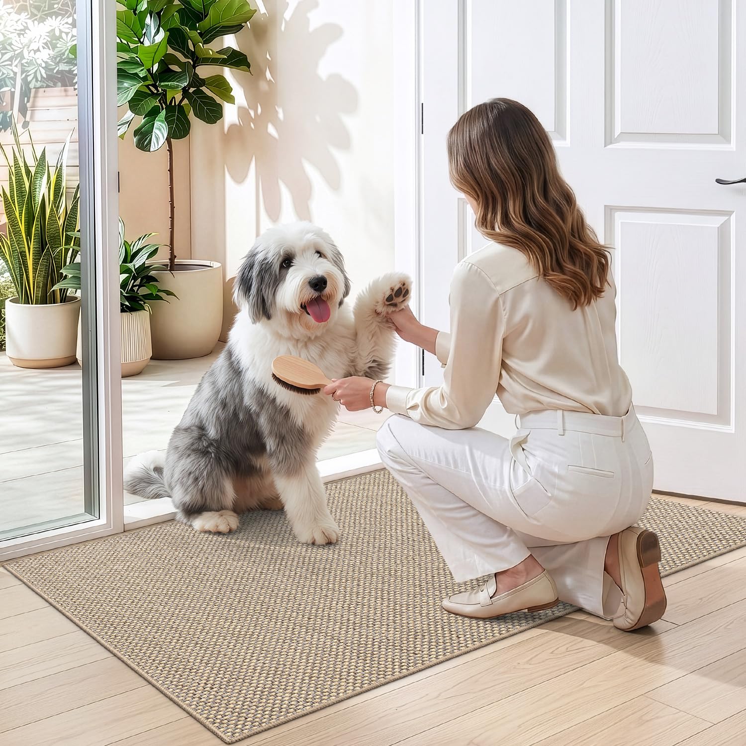 DEXI Zerbino Ingresso Interno 90 x 140 cm, Tappeto Porta Antiscivolo, Facile da Pulire, Zerbini Assorbente per Casa, Corridoio, Beige