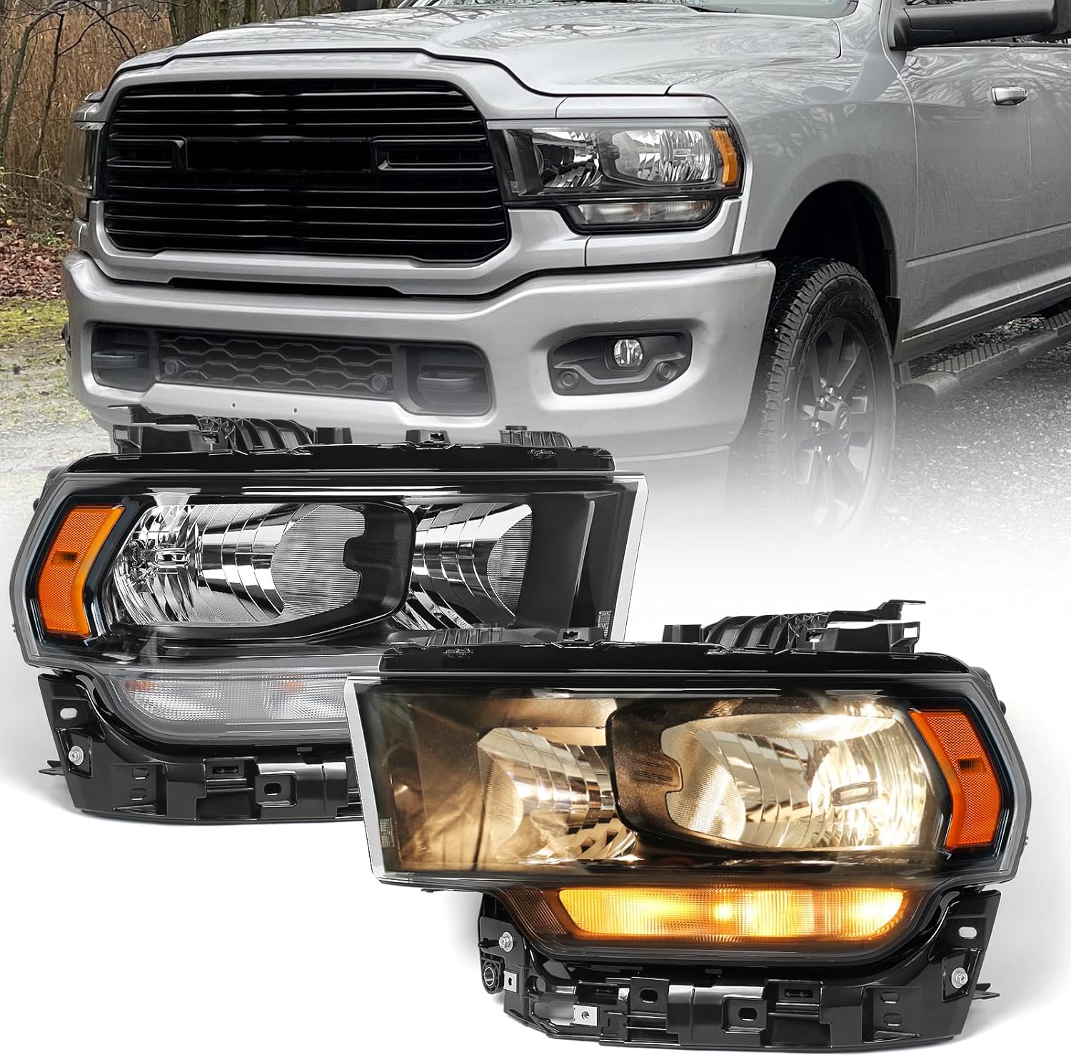 FIONE Headlight Compatible with Dodge Ram 2500 3500 2019-2024 Clear Lens Black Housing Left Driver Halogen Headlamp Assembly W/Bulb