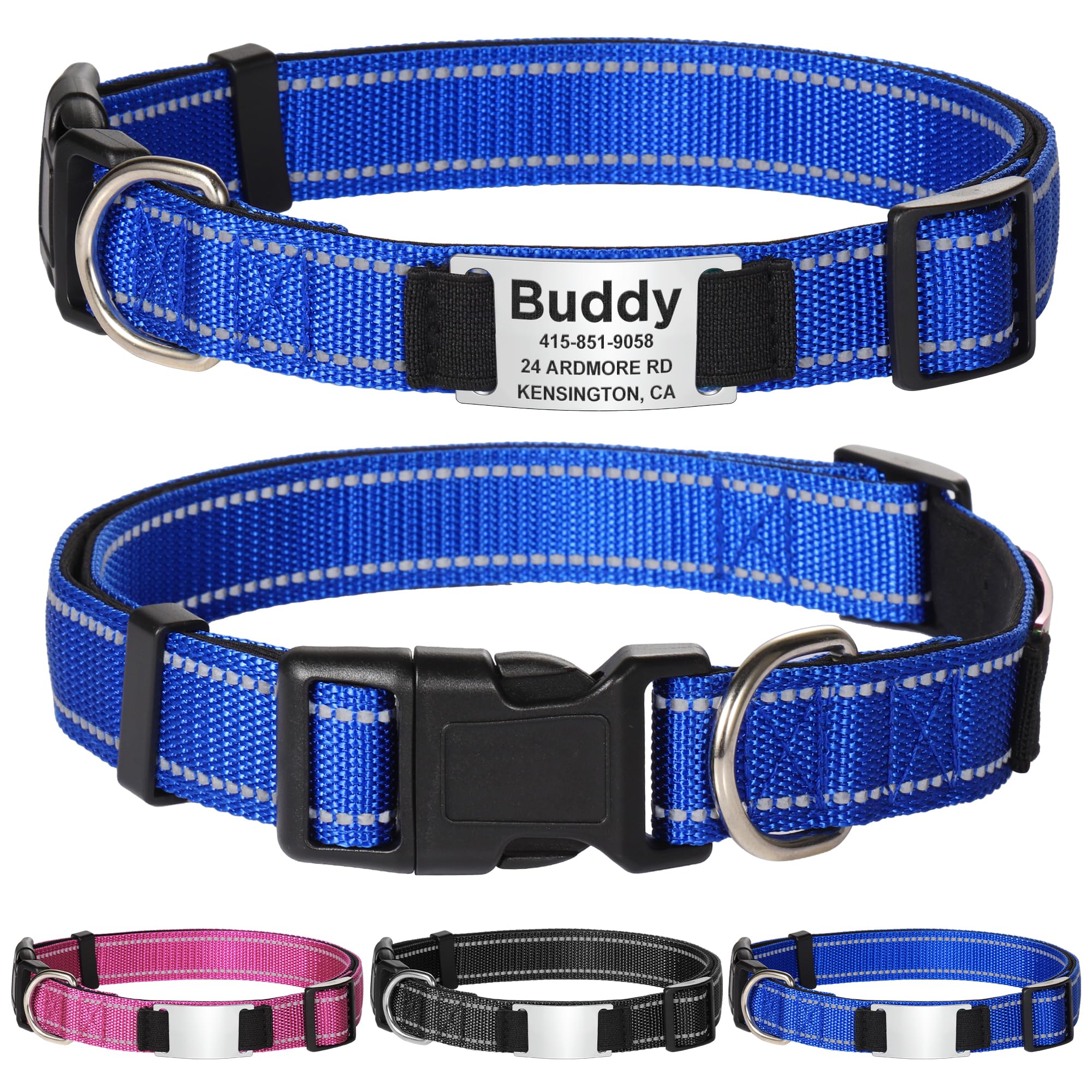GISUREY Personalised Dog Collars - Adjustable Reflective Dog Collar with Name Tag Engraved, Soft Neoprene Padded Breathable Nylon Dog Collar for Small/Medium/Large Dogs, Navy Blue, S — image 1