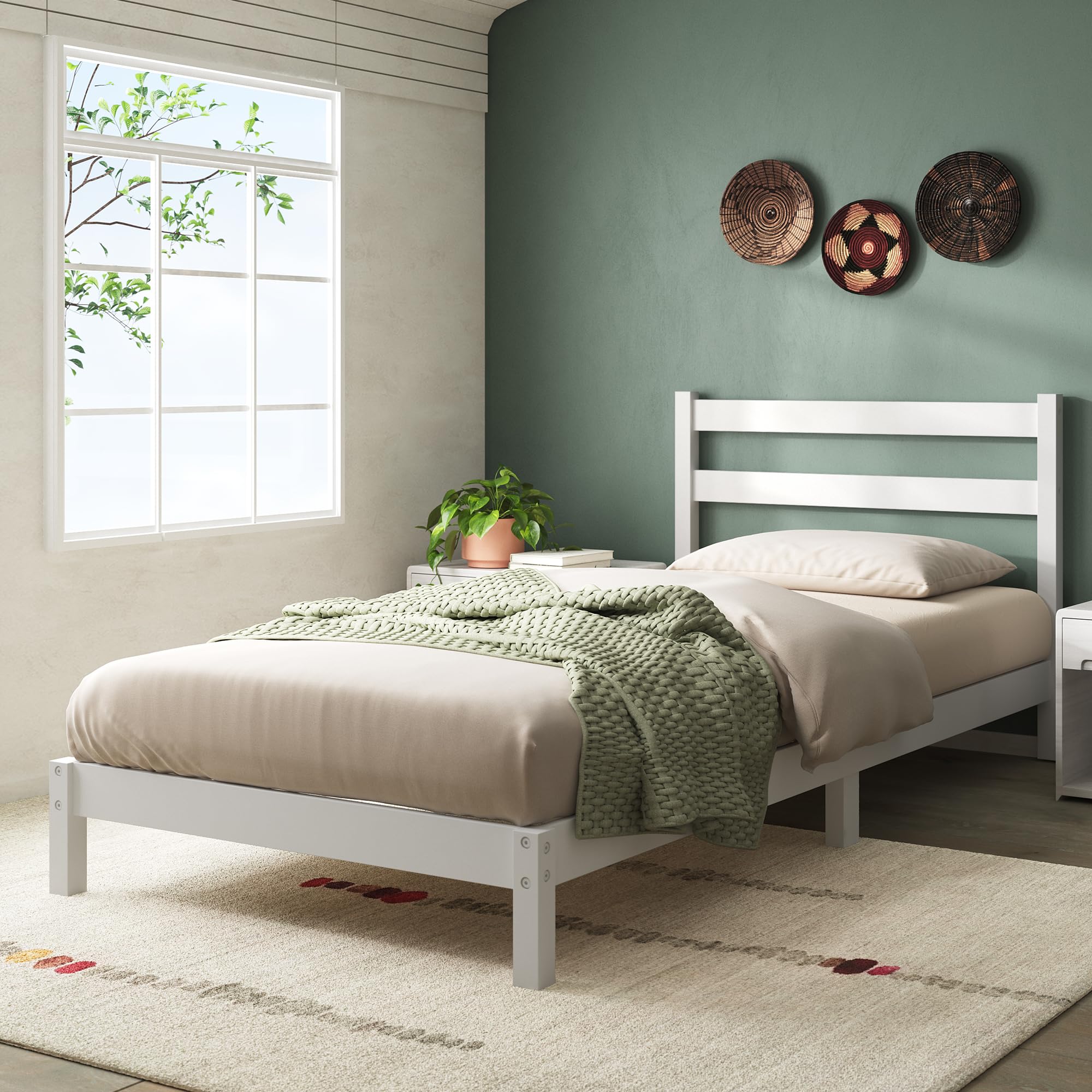 Zinus Robin Struttura Letto Singolo 80x190 cm con Testiera in Bambù - Altezza 20 cm - Rete Singola con Doghe in Legno - Per Adulti, Bambini e Teenager - Facile da Montare - Bianco