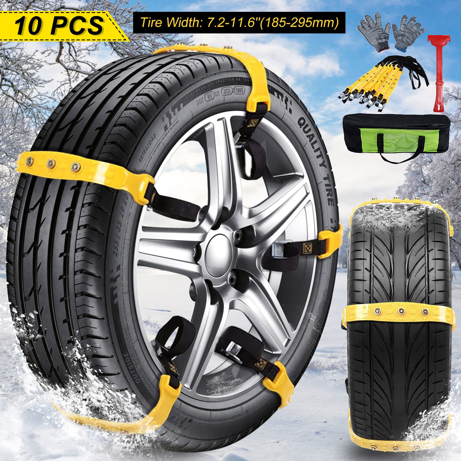 Tire Snow Chains for Cars, Emergency Anti Slip Tire Chains for Most Car/SUV/Truck, Adjustable Winter Driving Anti-Skid Tire Cables Width 7.2-11.6", 10 Pcs