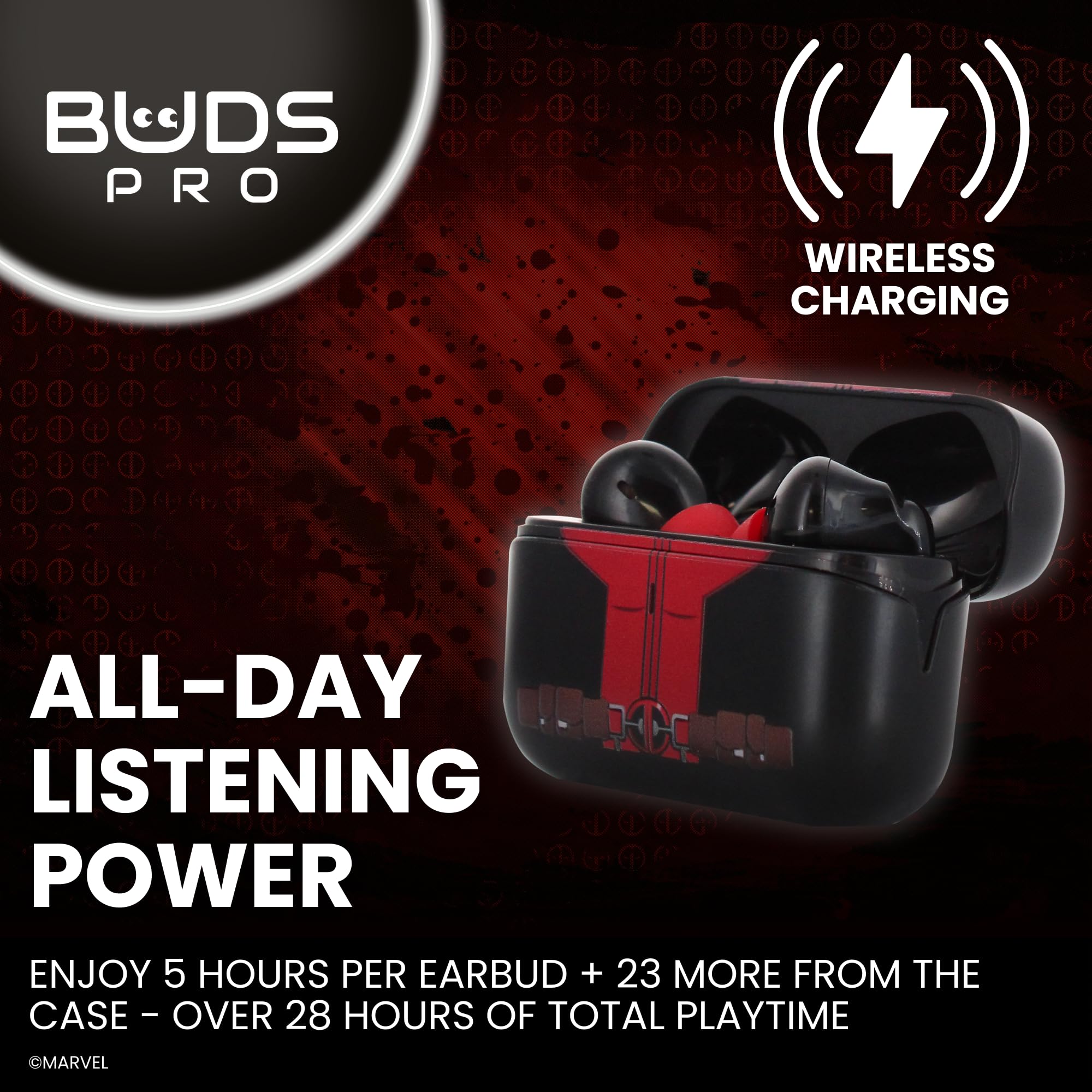 Buds Pro Marvel Deadpool Auriculares inalambricos Bluetooth y Soporte movil - Cascos inalambricos in ear con microfono, 28+ horas de reproducción, Auriculares cancelacion ruido con certificación IPX4