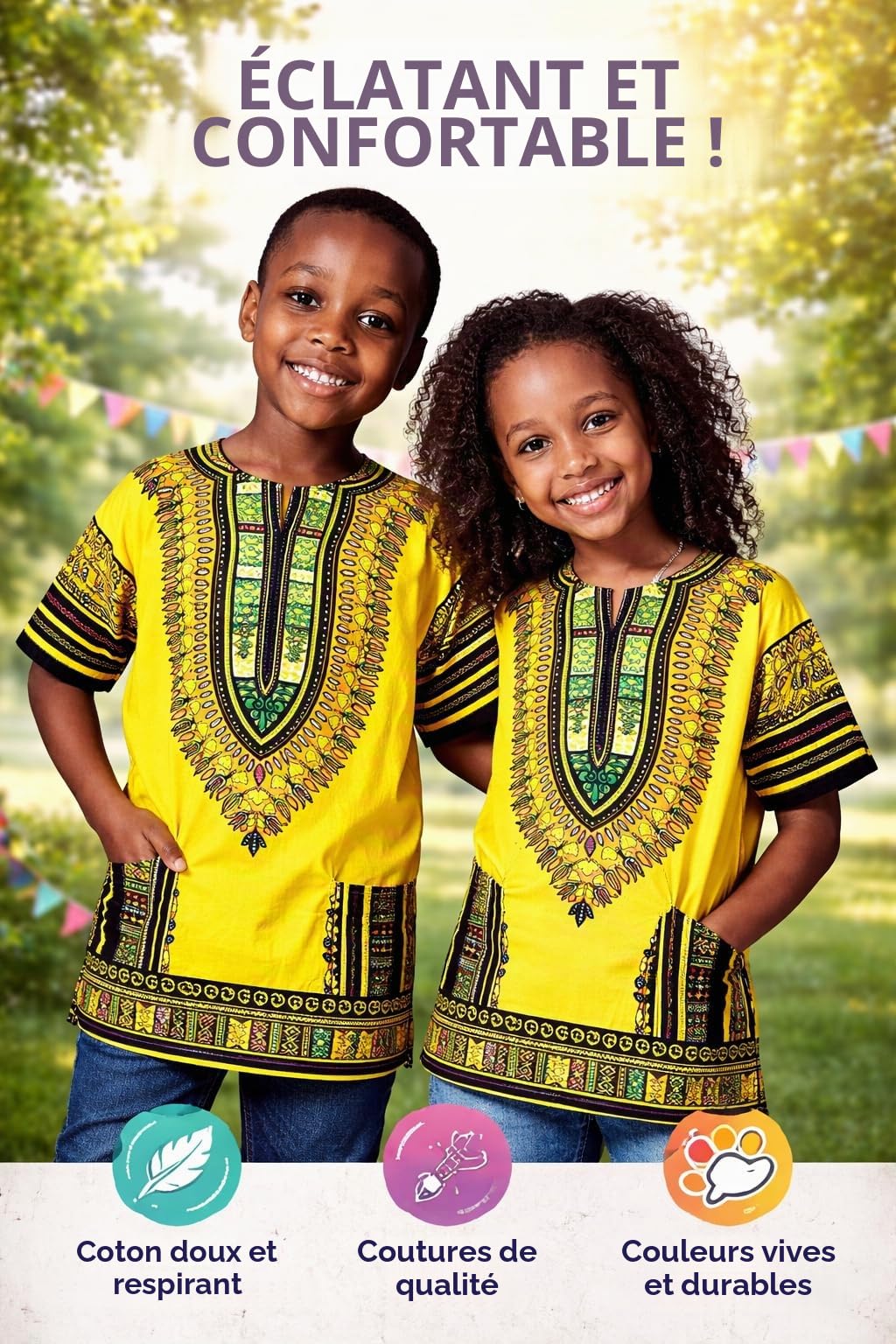 Dashiki Chemise africaine pour enfants au design traditionnel, vêtements authentiques pour enfants motifs ethniques et imprimé africain garçon fille
