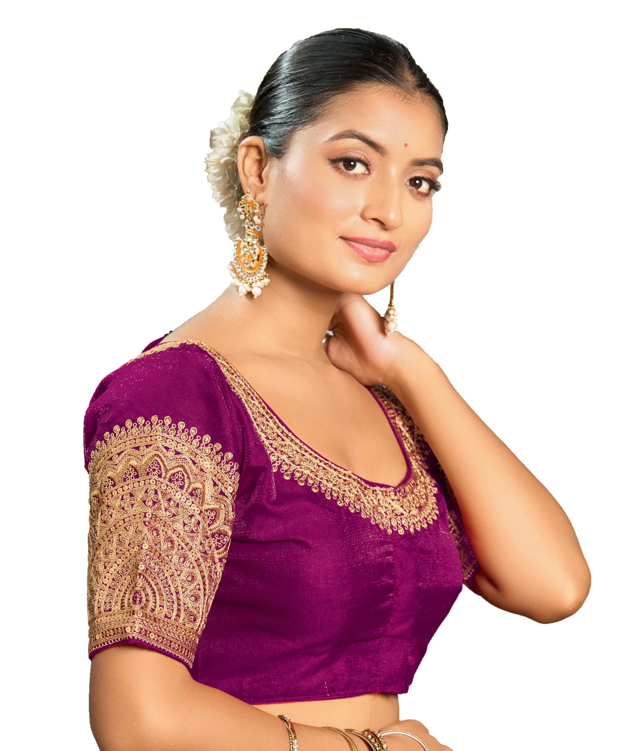 Vihu Fashion Women's Readymade Blouse Embroidery Multi Coding Dull Golden Sequence Work Indian Ethnic Designer Stitched Readymade Saree Half Sleeve Wine Blouse For Women For Saree Lehenga Choli