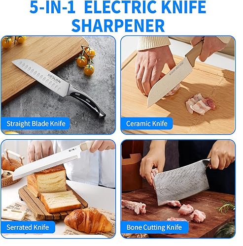 Miniatura 8 de Afilador de cuchillos eléctrico profesional 5 en 1 con pantalla LCD, sacapuntas de tijera con abrasivos de 3 velocidades y 100% diamante, guías de