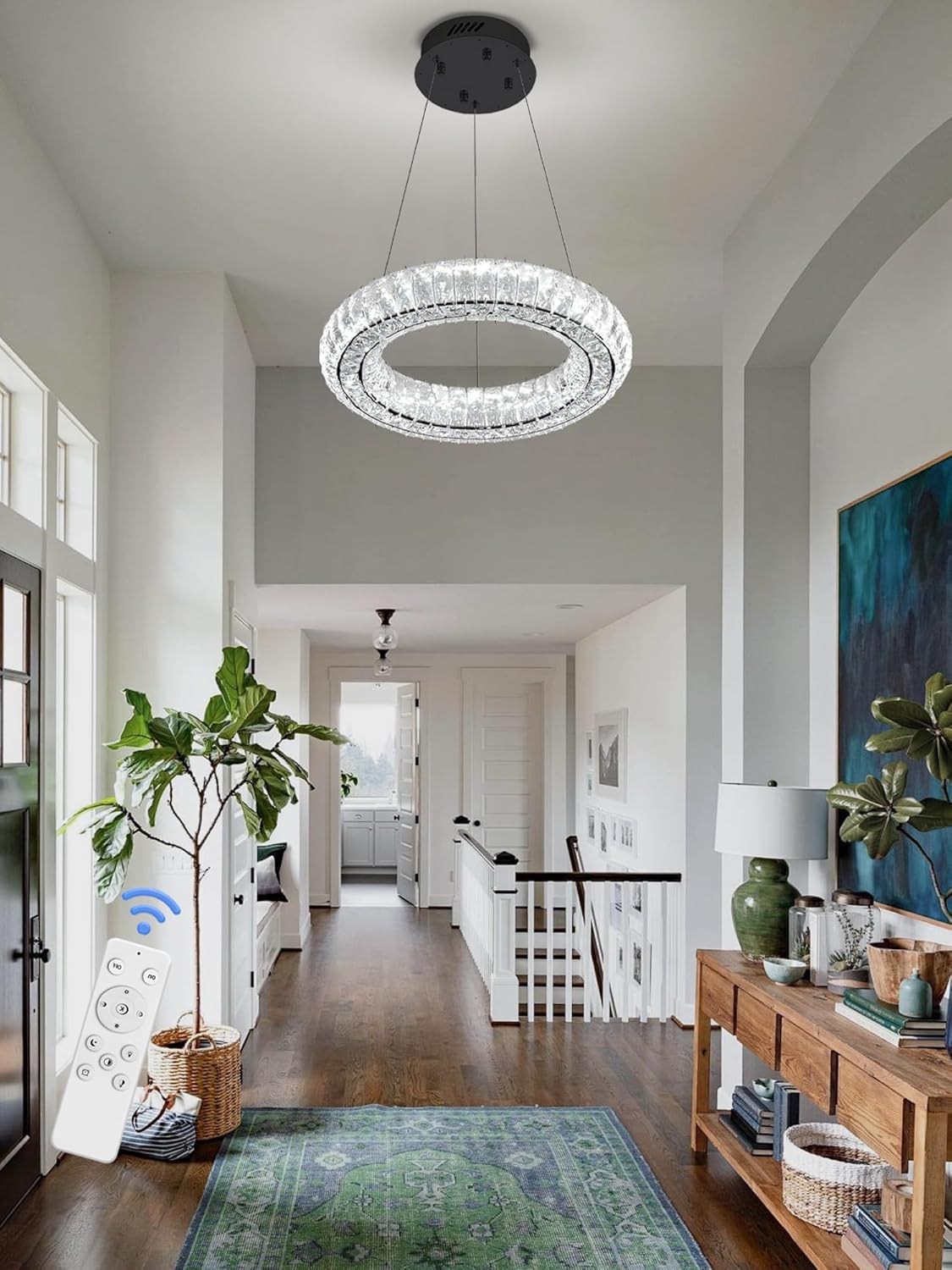 15.7" Dimmable LED Ring Chandelier Modern Black Round Crystal Chandeliers Pendant Light Fixtures for Dining Room Living Room Adjustable Height