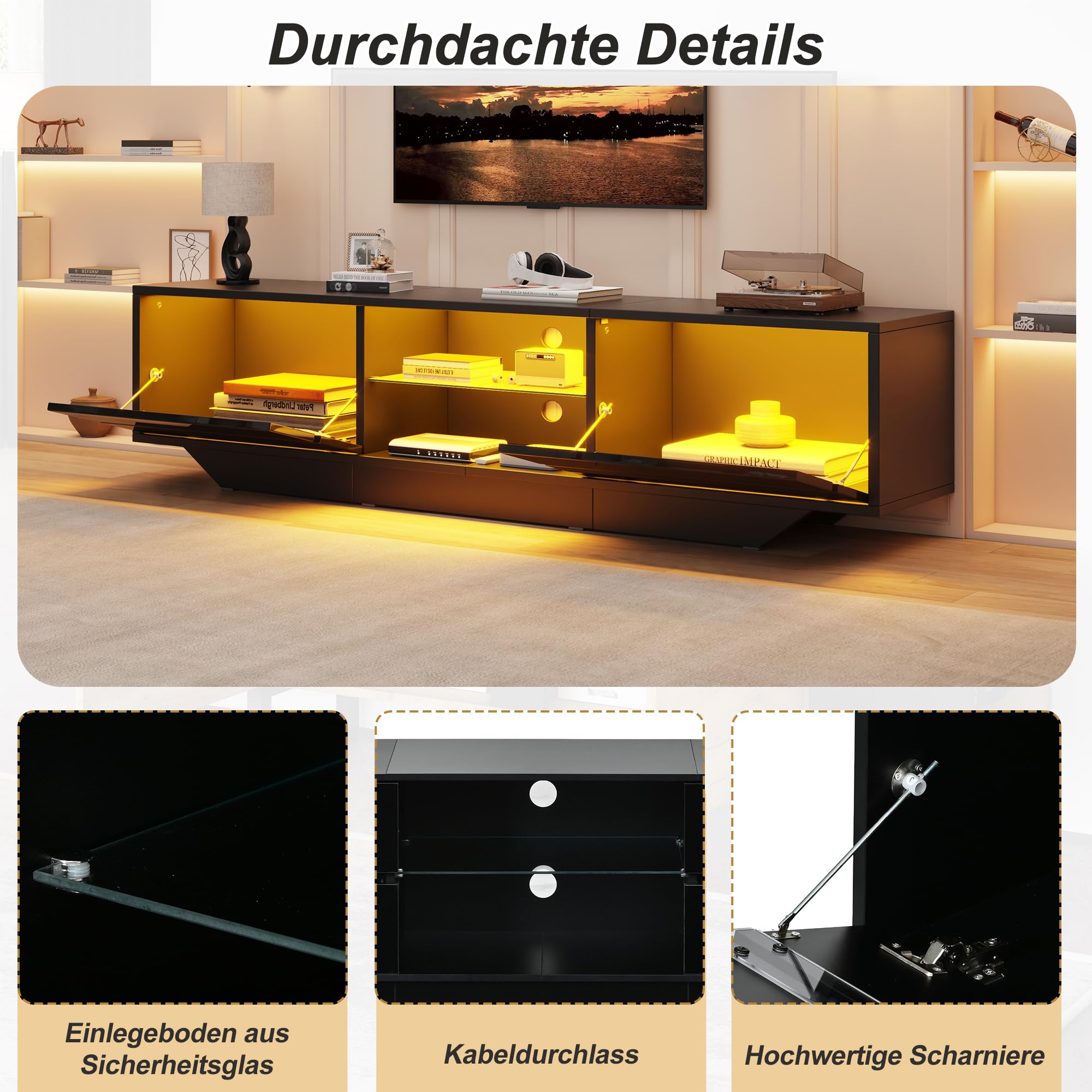 160 x 35 x 44,5 cm, armario bajo con 2 puertas de armario, armario de TV brillante con luces LED, tablero de TV, mesa de TV, mesa de televisión, adecuado para televisores de 65 pulgadas, color