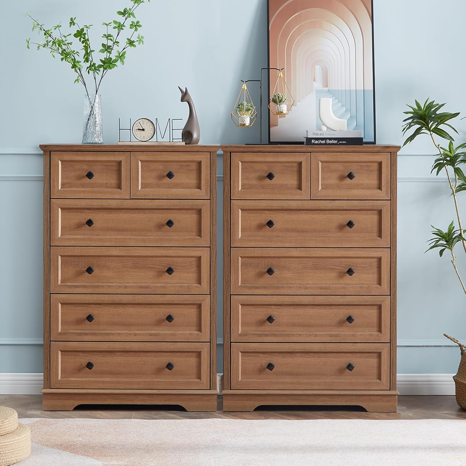 NONGSHIM Farmhouse Dresser for Bedroom with 6 Deep Drawers, Modern Dressers Tall 6 Chest of Drawers, Natural Oak Wood Storage Organizer Dresser, Nursery Dresser for Living Room, Bedroom, Hallway