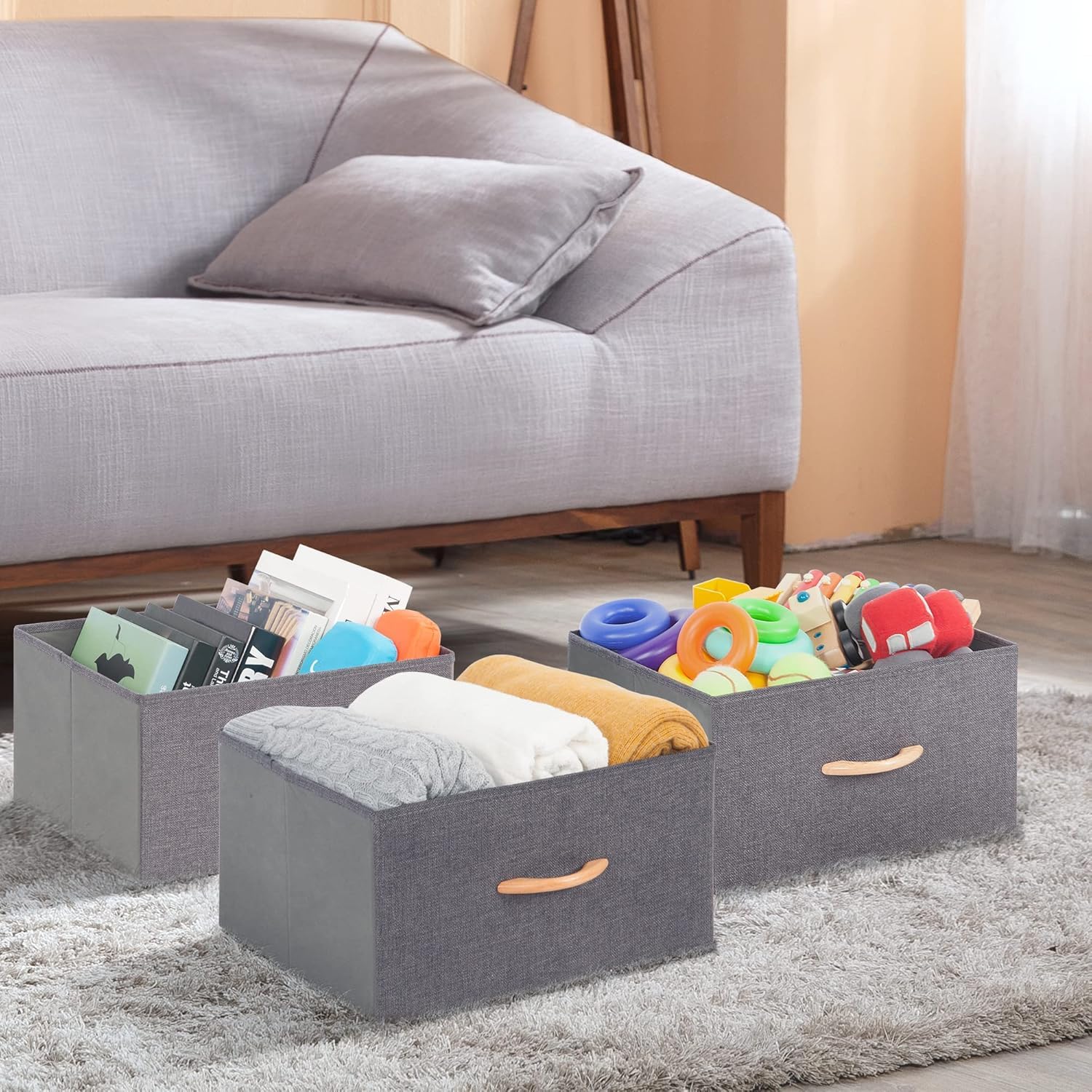 Faltbare Stoff-Aufbewahrungskörbe, große Schrank-Organizer, Würfel mit stabilen Holzgriffen, Stoff-Kleidungsaufbewahrungsboxen für Regale, Decken, Bücher, Kinderzimmer, Grau, 2 Stück