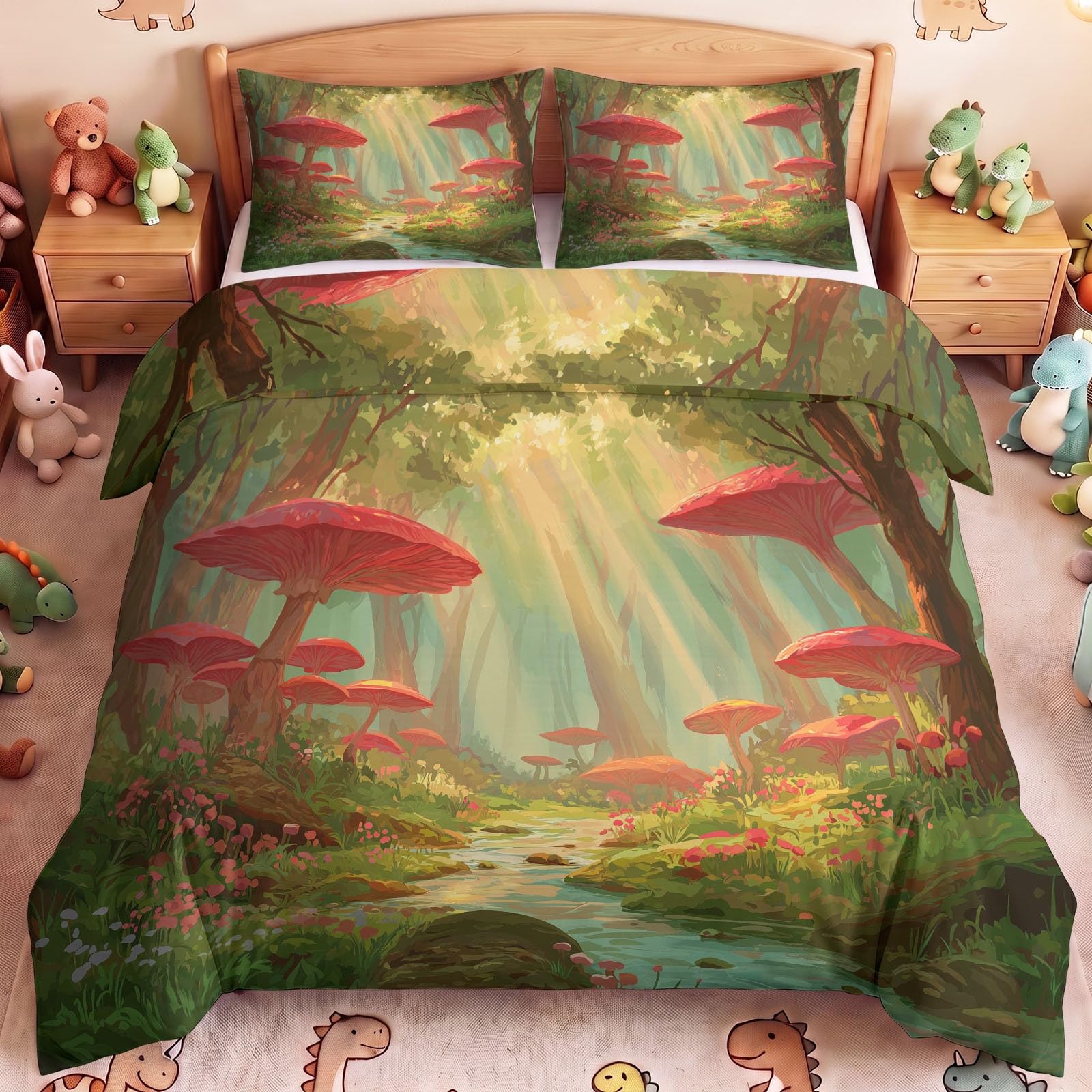 Dwustronna Natura Fantastyczna Poszwa na kołdrę Dekoracja 155 x 220 cm | Zestaw pościeli z miękkim zamkiem błyskawicznym, zestaw pościeli z grzybami leśnymi 2 poszewki na poduszki chłopcy dziewczęta