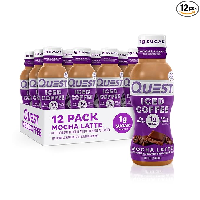Quest Nutrition Iced Coffee, Mocha Latte, 1g of Sugar, 10g of Protein, 90 calories, 200mg of caffeine, 12 Count