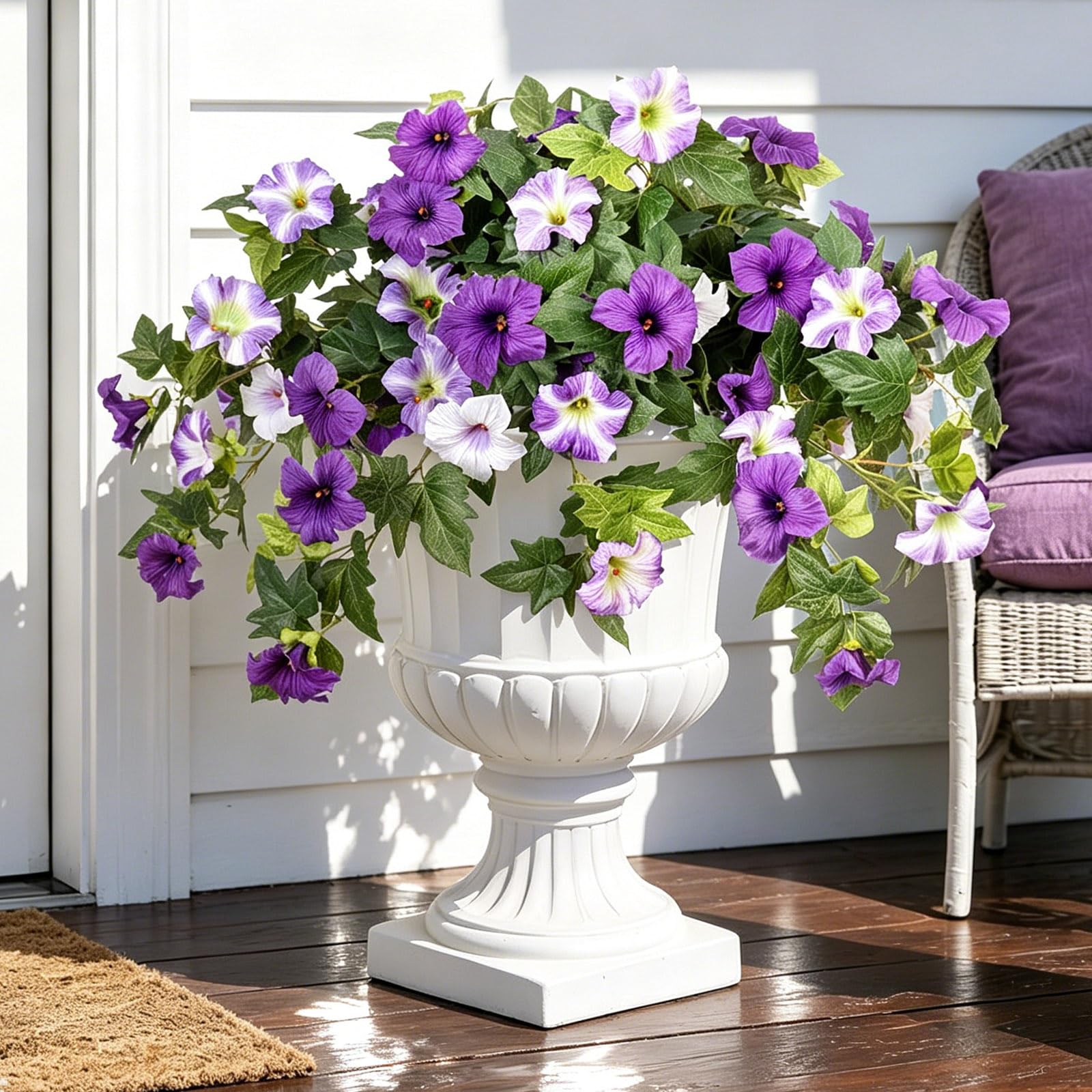 2 Bundles Artificial Flowers for Outdoor - Faux Petunias Flowers, UV Resistant Faux Morning Glory Flowers, Fake Silk Flowers Faux Plants for Outdoor Indoor Garden Porch Yard Patio Hanging Basket Decor — image 1