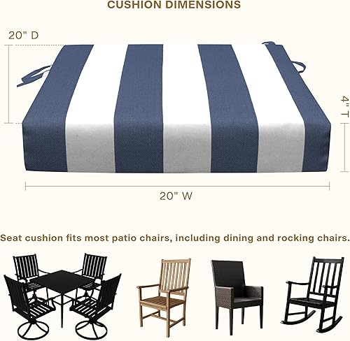 Miniatura 6 de Honeycomb Juego de 2 cojines de asiento para exteriores, 20 x 20 pulgadas, cojines para sillas de comedor de color azul y blanco con rayas Cabana