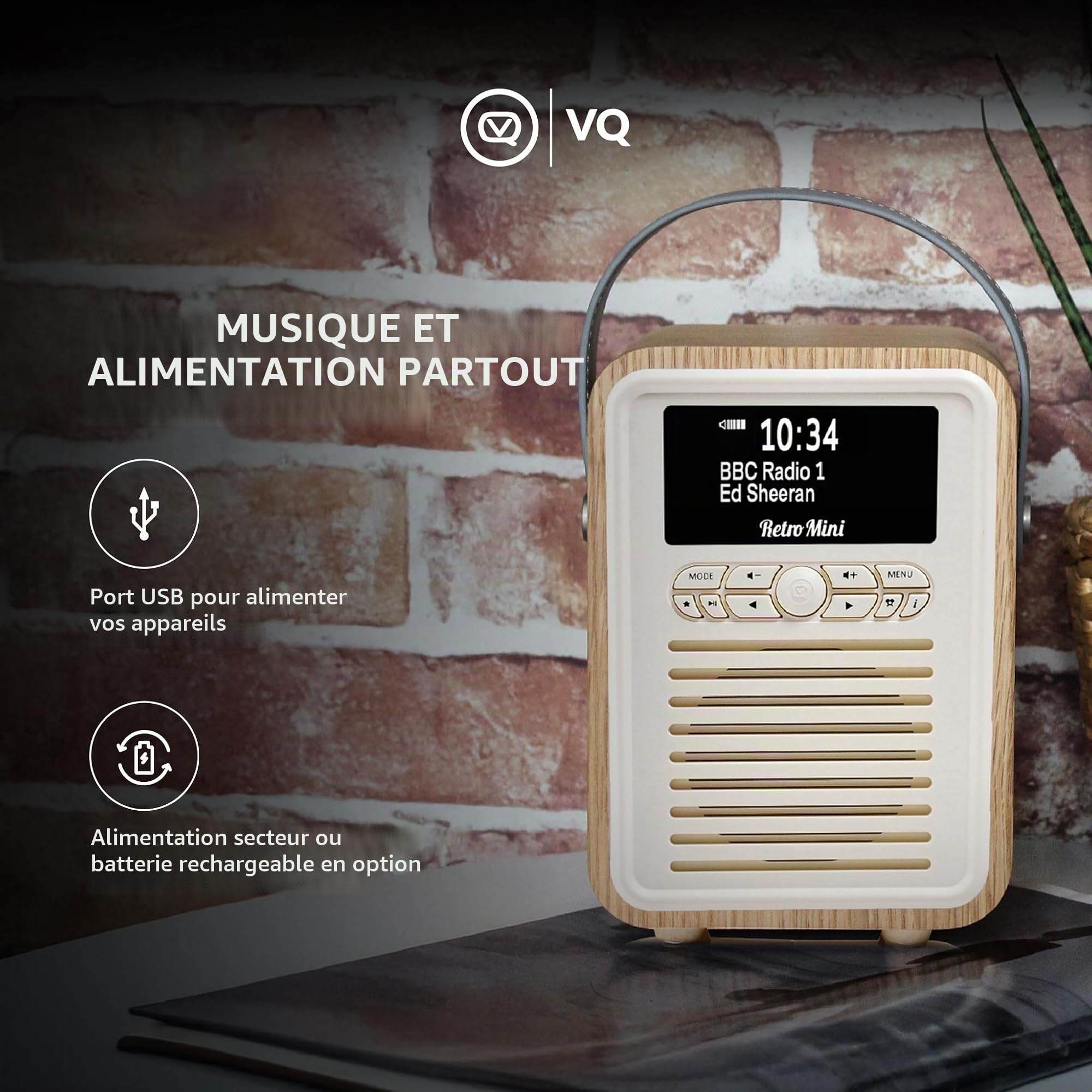 VQ Retro Mini Radio Dab Plus/Dab avec Bluetooth, FM et Radio Réveil Fonction - Alimentée par Secteur et Batterie Radio Portable avec Antenne, Prise Casque et Port de Charge USB – Chêne