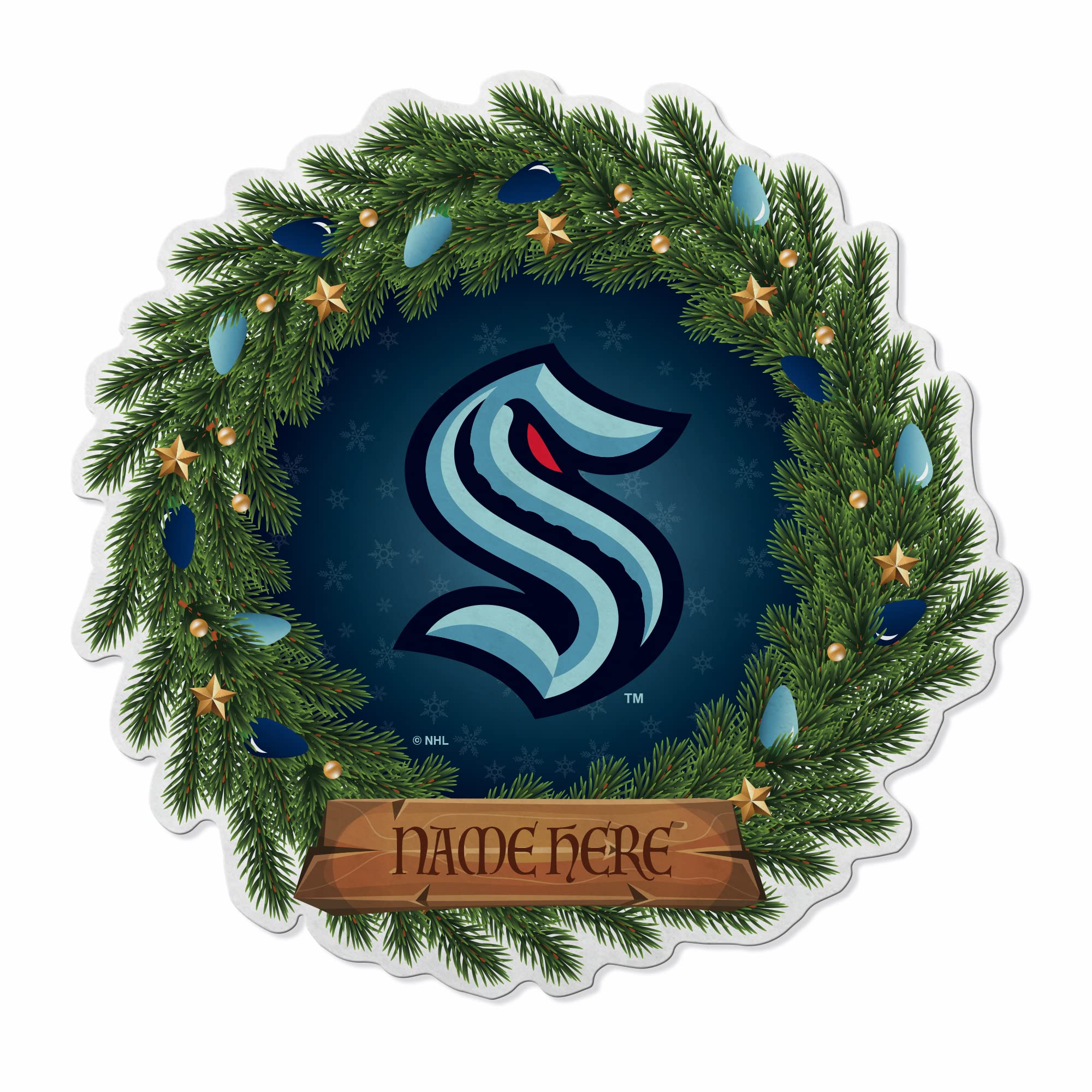 Rico Industries NHL Seattle Kraken Personalized Holiday/Christmas Decor Wreath Shape Cut Pennant - Home and Living Room Décor - Soft Felt EZ to Hang