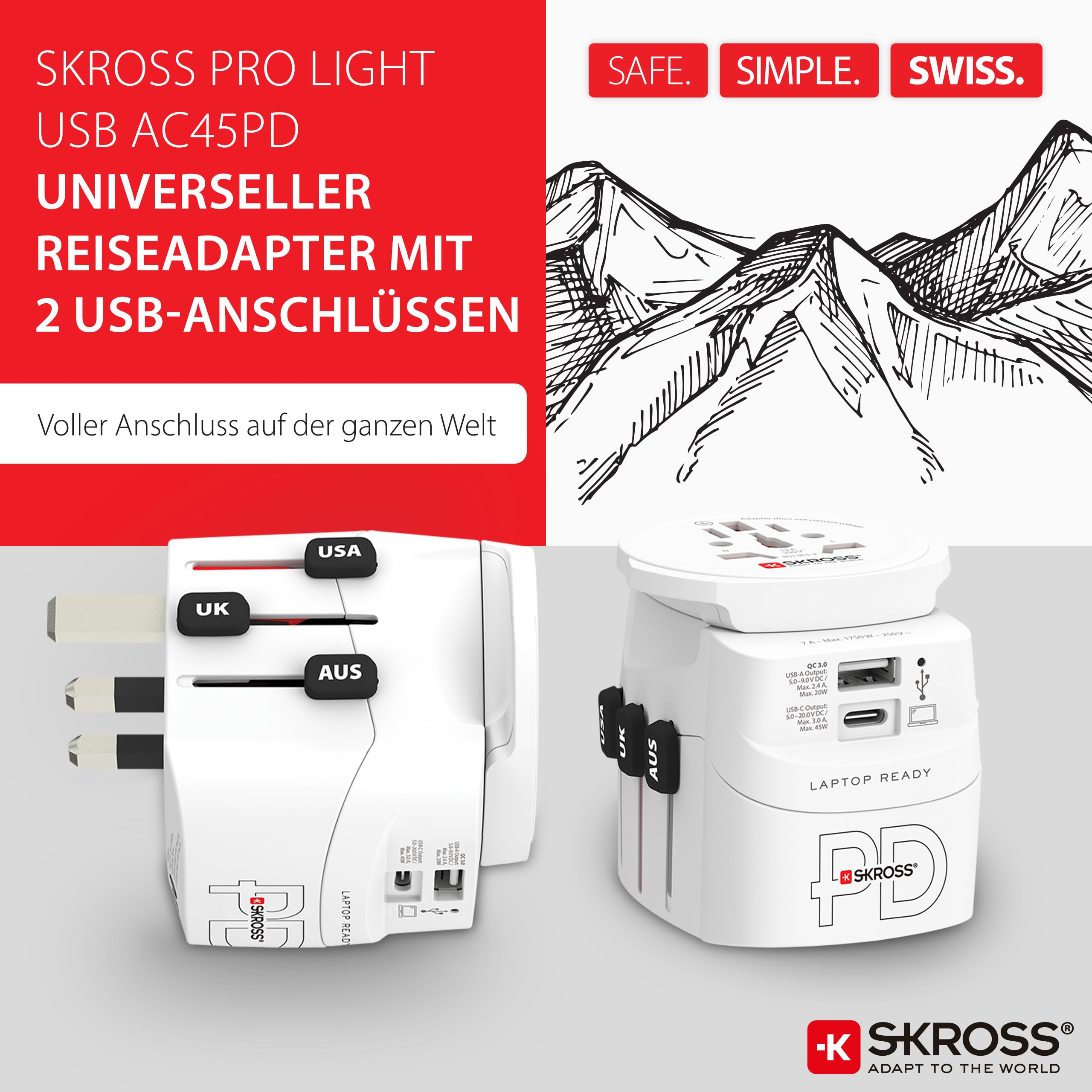 SKROSS - PRO Light USB AC45PD uniwersalny adapter podróżny do i na świat z 2 gniazdami USB - szybkie ładowanie 45 W - napięcie i moc: 100 V AC - 700 W / 250 V - 1750 W