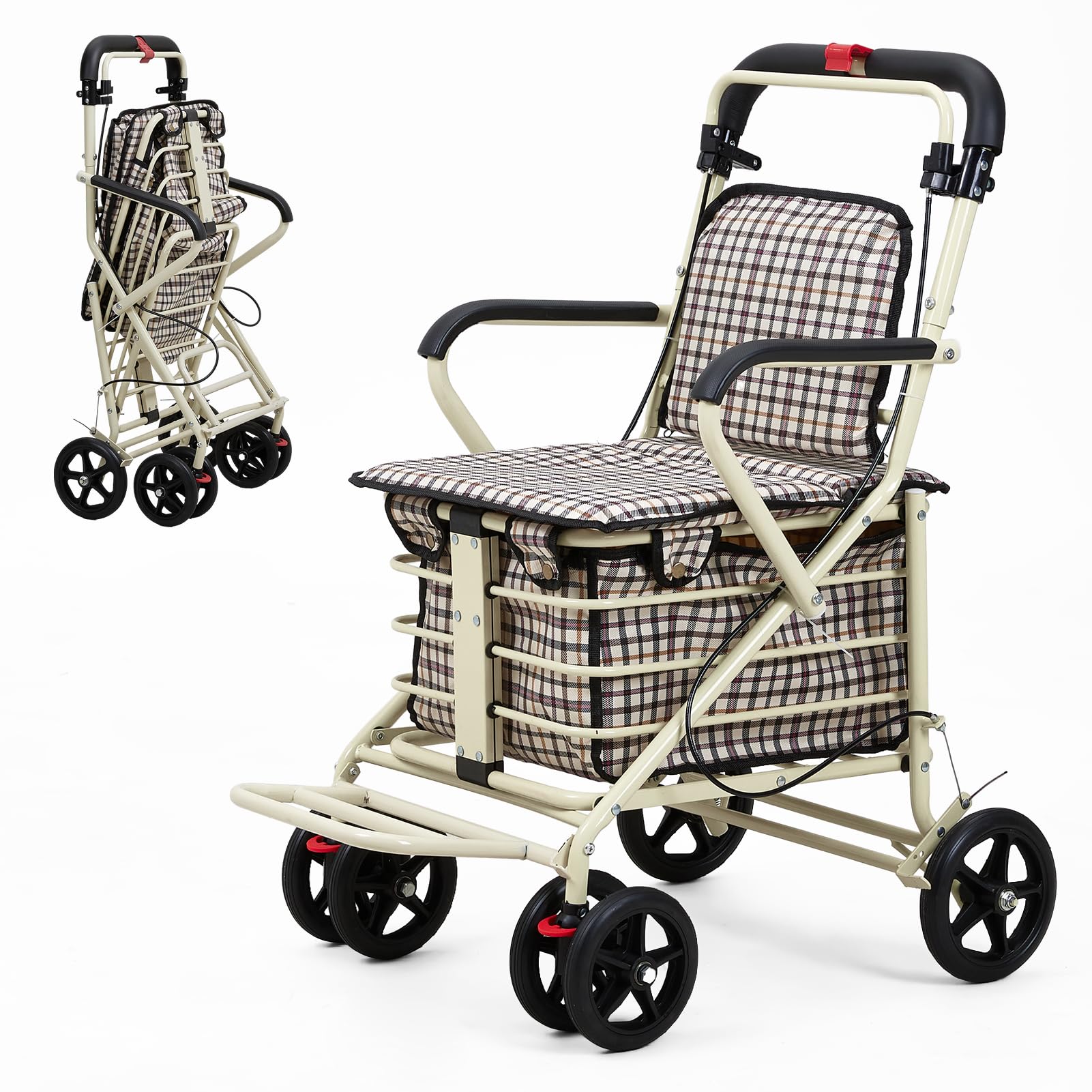 The Fellie Walk and Rest Shopping Trolley with Seat for Elderly, 27L Sit & Go Shopping Trolley on Wheels Foldable with Backrest, Breakes & Removable Bag, White — image 1