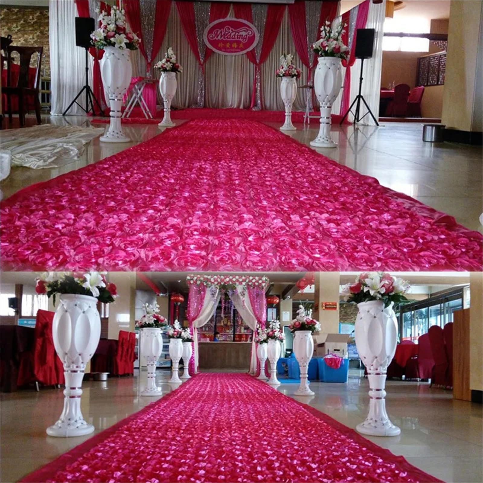 Hochzeit Gang Läufer 10M Hochzeit Teppich Satin Stoff 3D Rose Blume Gang Rot Party Hintergrund Tisch Abdeckung Dekoration(Red)
