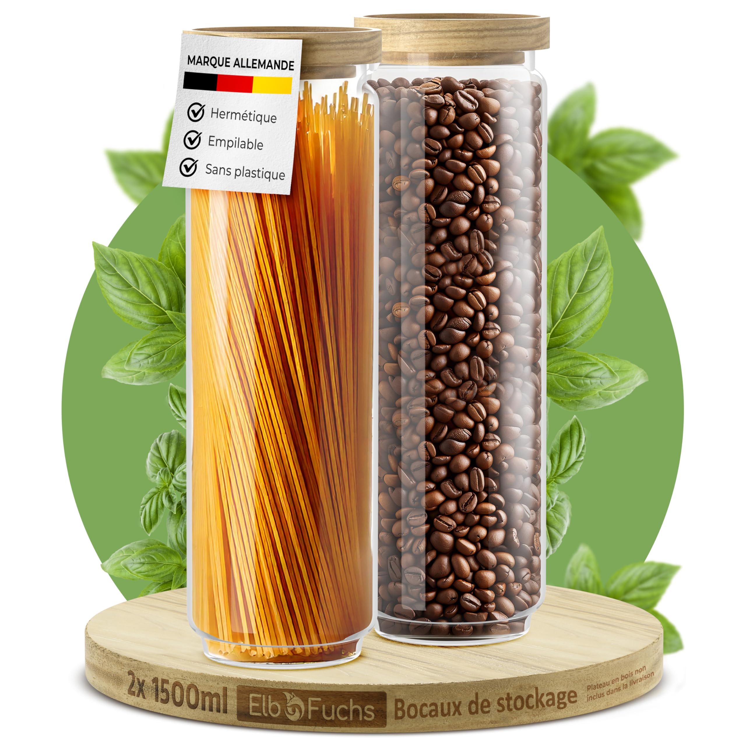 ElbFuchs® Bocaux en verre hermétiques 2x 1500 ml | Sans BPA & anti-mites – Pots de conservation avec couvercle en bois | Spaghetti, farine & muesli